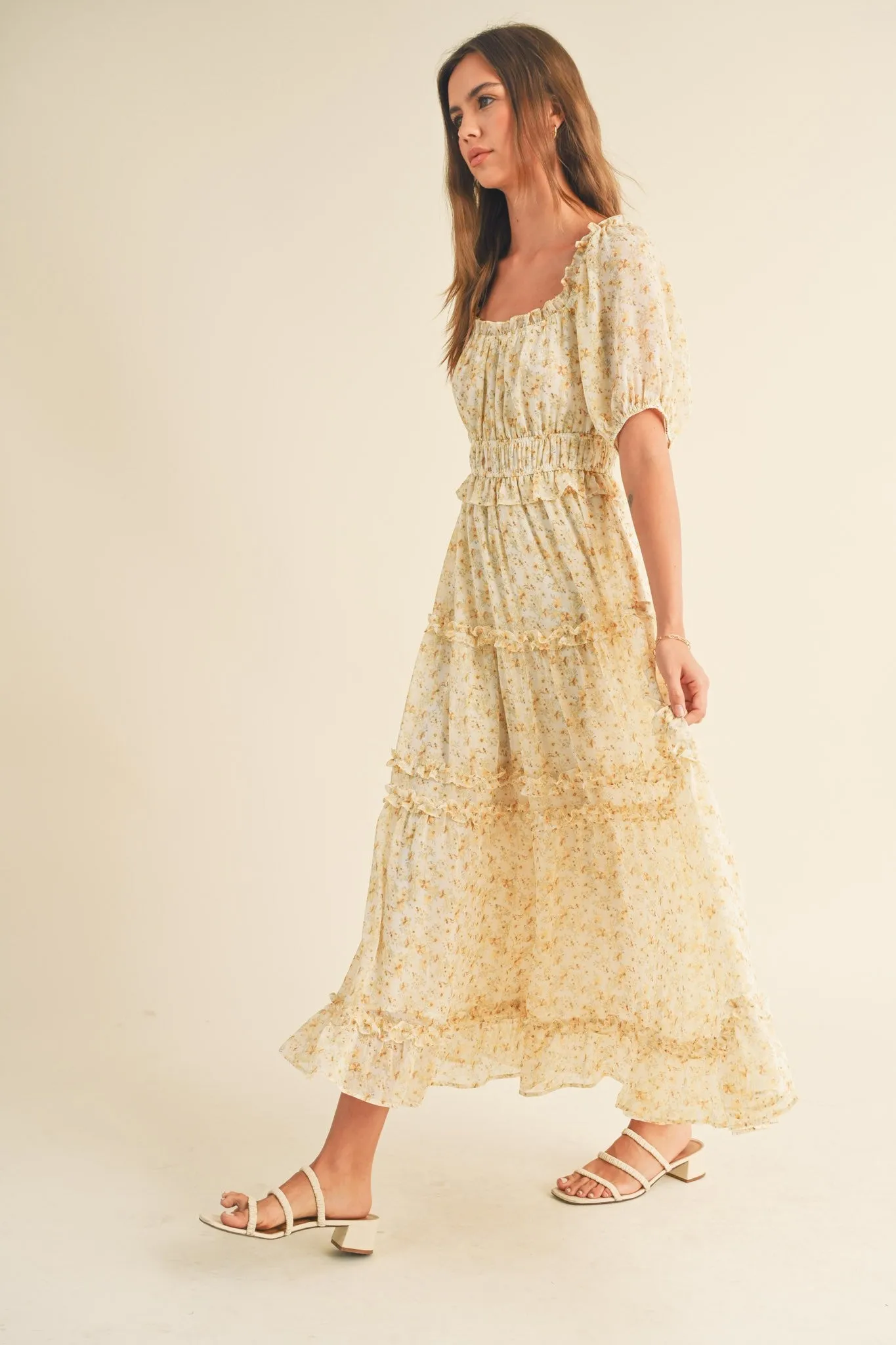 Cream Yellow Floral Print Ruffle Trim Midi Dress sold by Pinkblush product image thumbnail 2