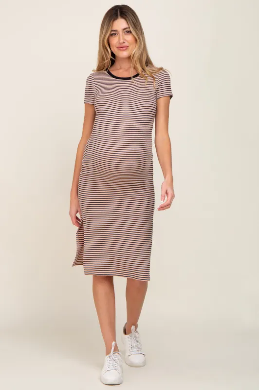 Beige Striped Side Slit Fitted Maternity Midi Dress sold by Pinkblush