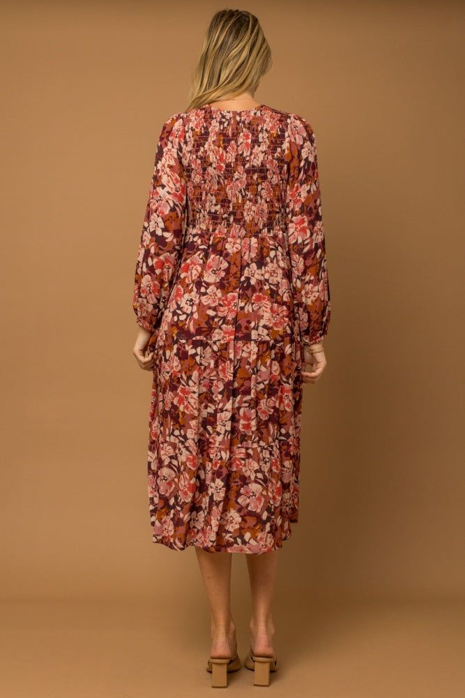 Burgundy Floral Tiered Long Sleeve Midi Dress sold by Pinkblush product image thumbnail 3