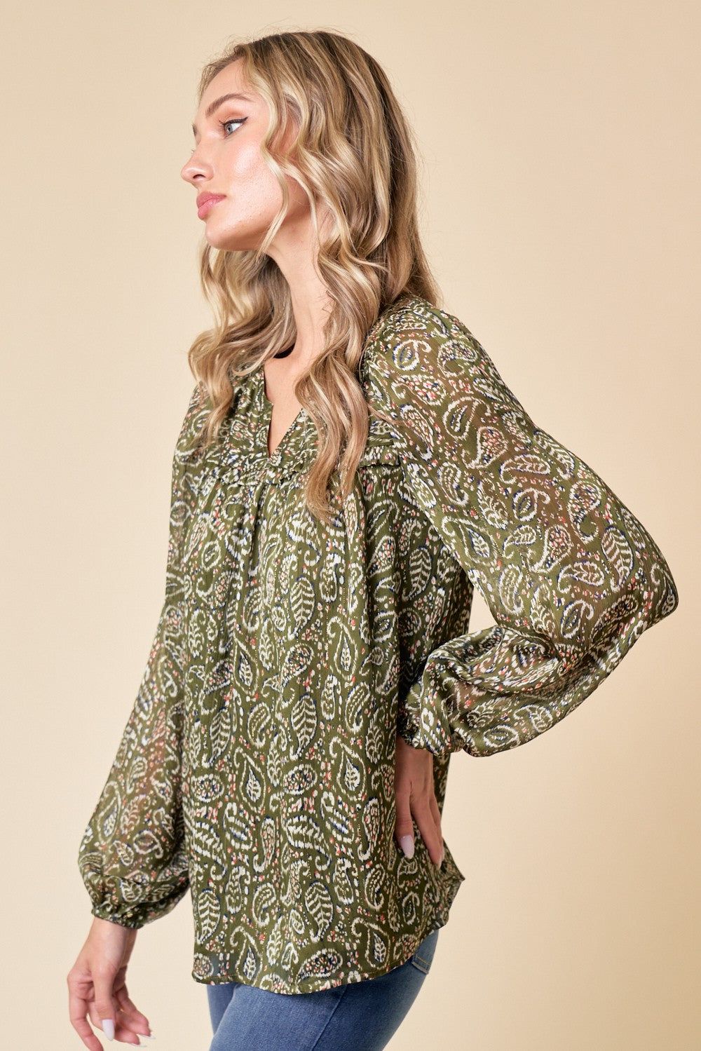 Olive Long Sleeve Paisley Printed Blouse sold by Pinkblush product image thumbnail 3