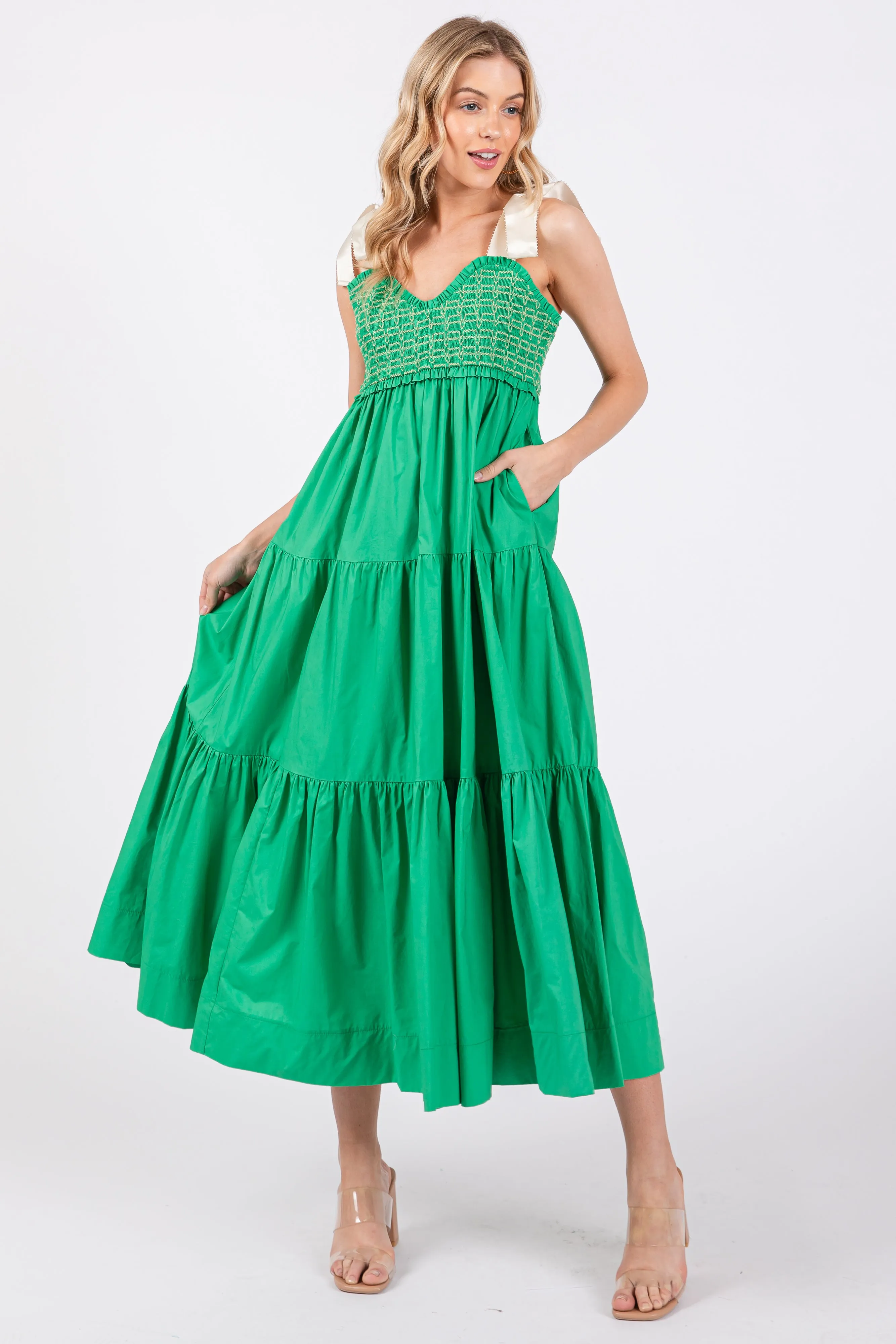 Green Ribbon Strap Tiered Maternity Maxi Dress sold by Pinkblush product image thumbnail 4