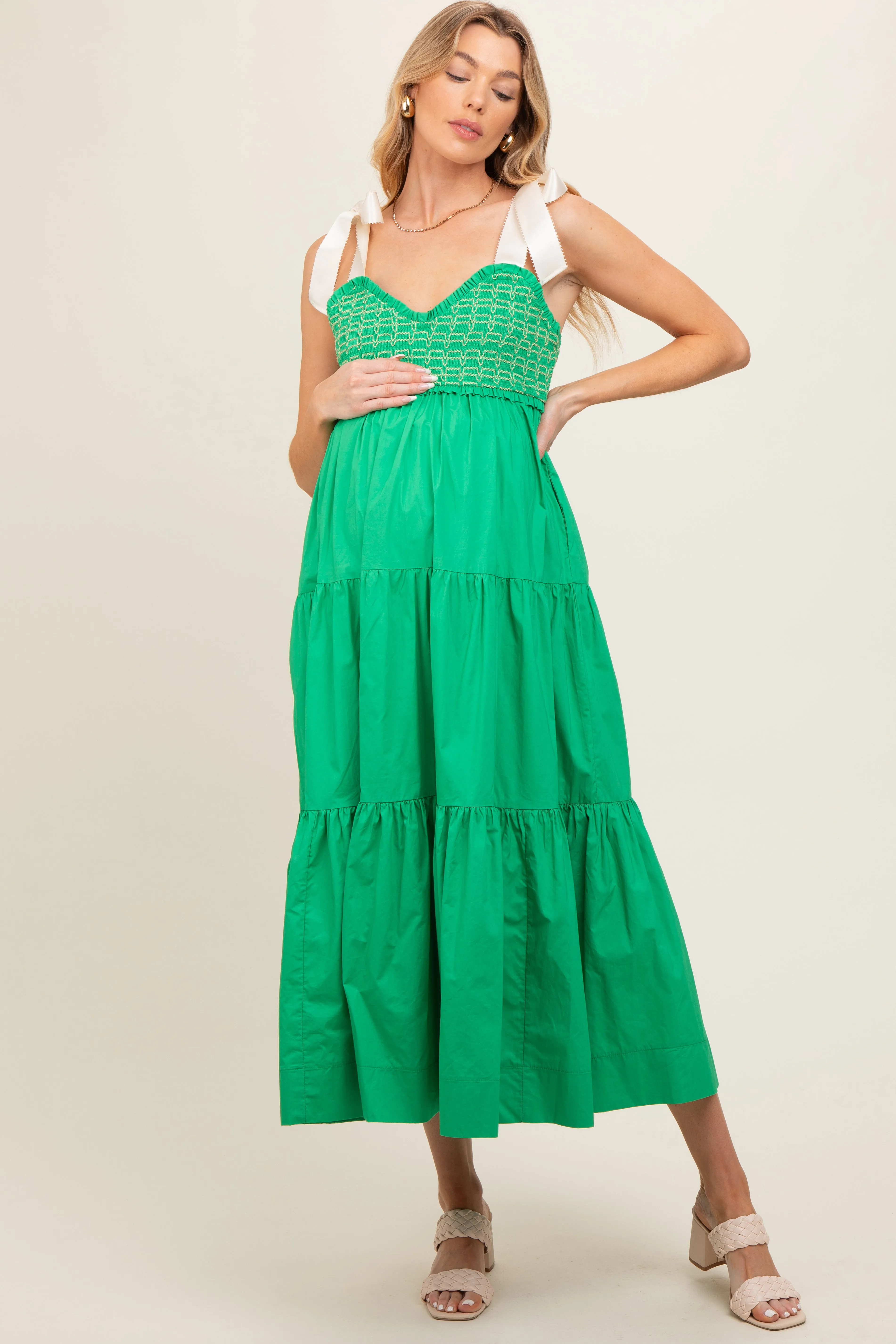 Green Ribbon Strap Tiered Maternity Maxi Dress sold by Pinkblush