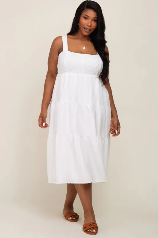 White Textured Striped Tiered Plus Midi Dress sold by Pinkblush