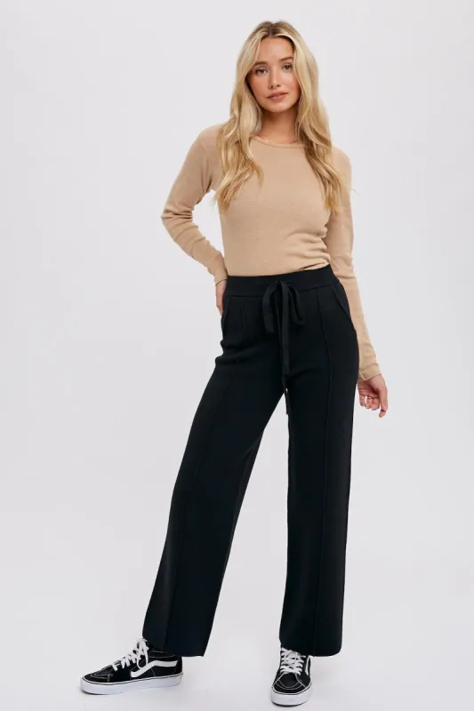 Black Front Seam Sweater Knit Drawstring Pants sold by Pinkblush