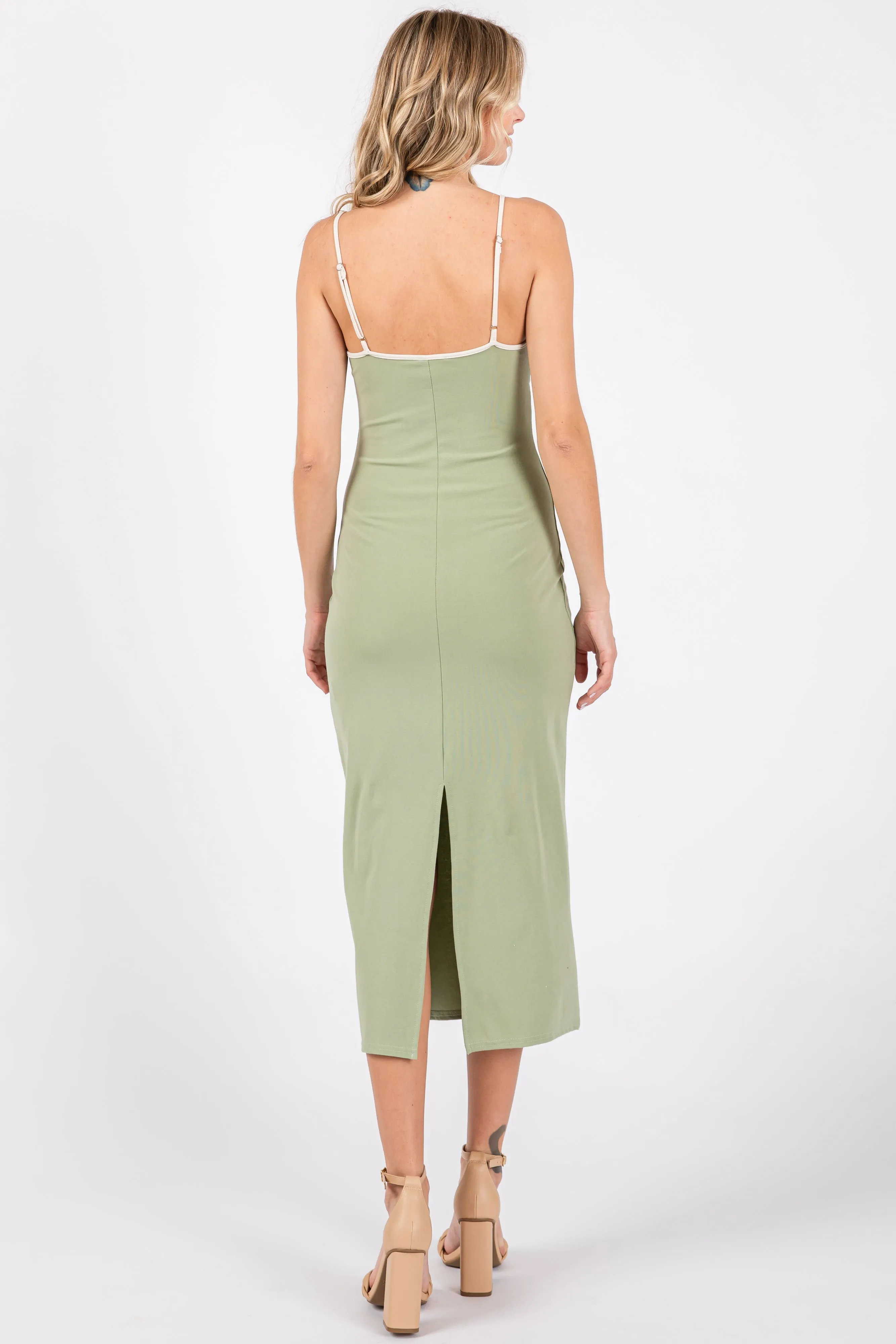 Light Olive Contrast Bow Back Slit Midi Dress sold by Pinkblush product image thumbnail 3