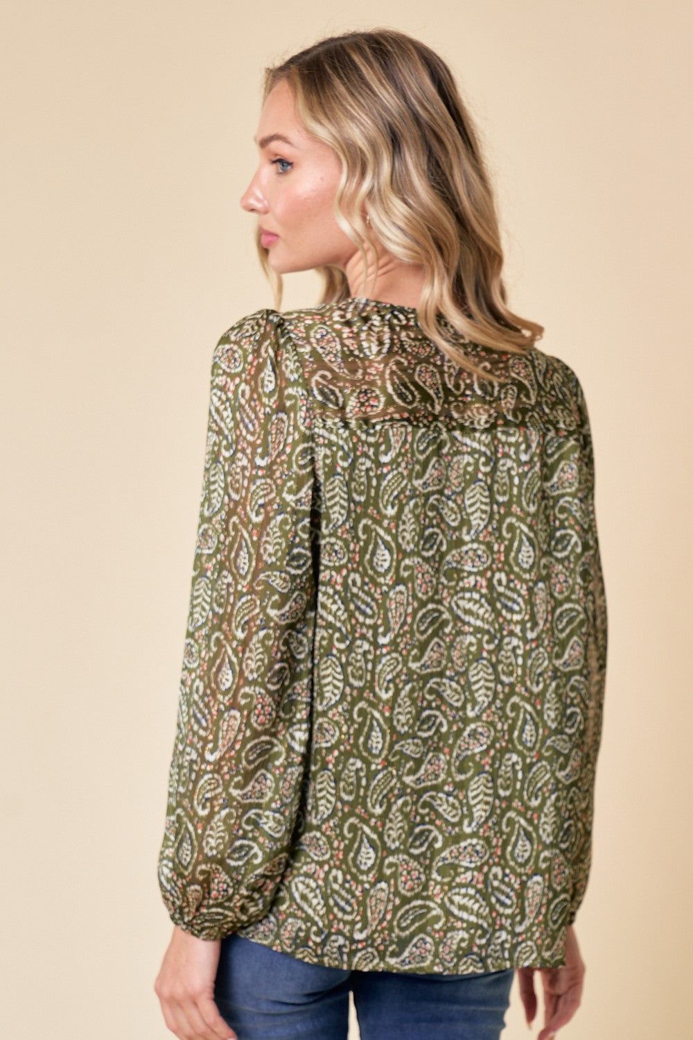 Olive Long Sleeve Paisley Printed Blouse sold by Pinkblush product image thumbnail 4