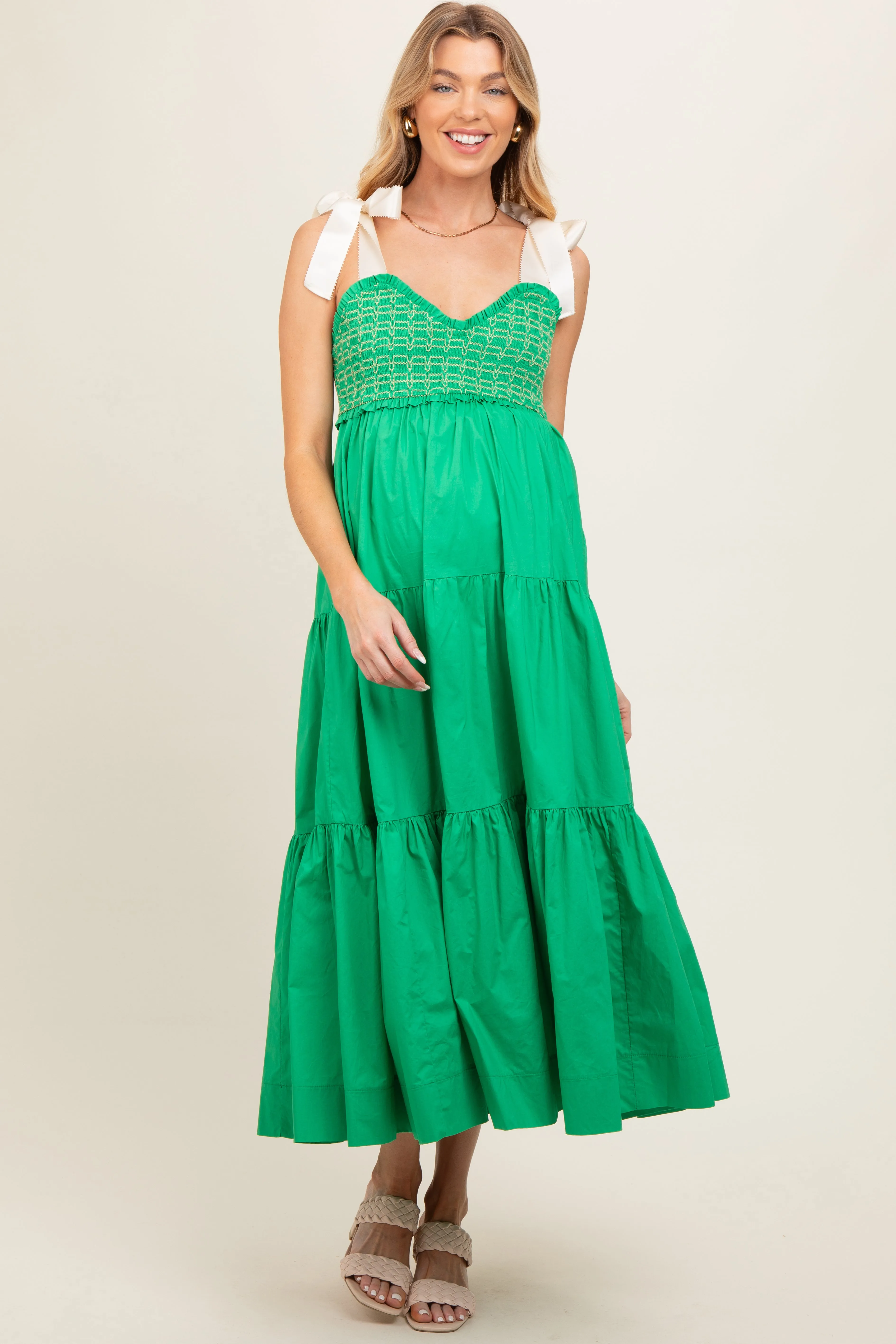Green Ribbon Strap Tiered Maternity Maxi Dress sold by Pinkblush product image thumbnail 2
