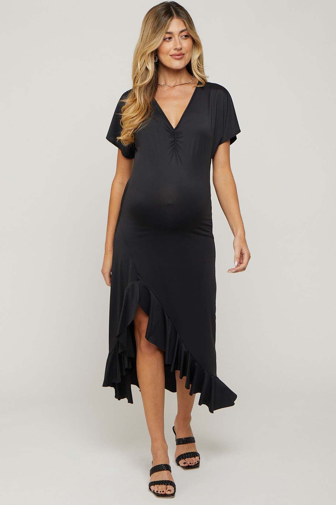 Black V-Neck Ruffle Hi-Low Maternity Midi Dress sold by Pinkblush product image thumbnail 4