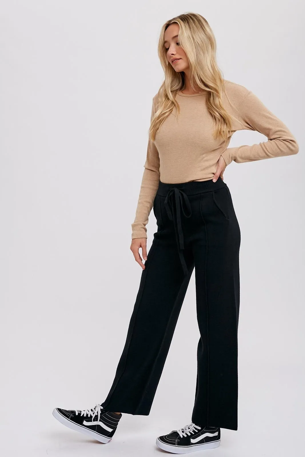 Black Front Seam Sweater Knit Drawstring Pants sold by Pinkblush product image thumbnail 2