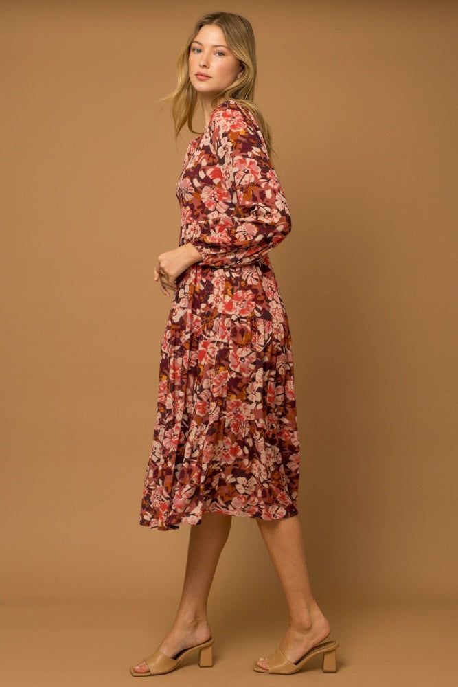 Burgundy Floral Tiered Long Sleeve Midi Dress sold by Pinkblush product image thumbnail 2