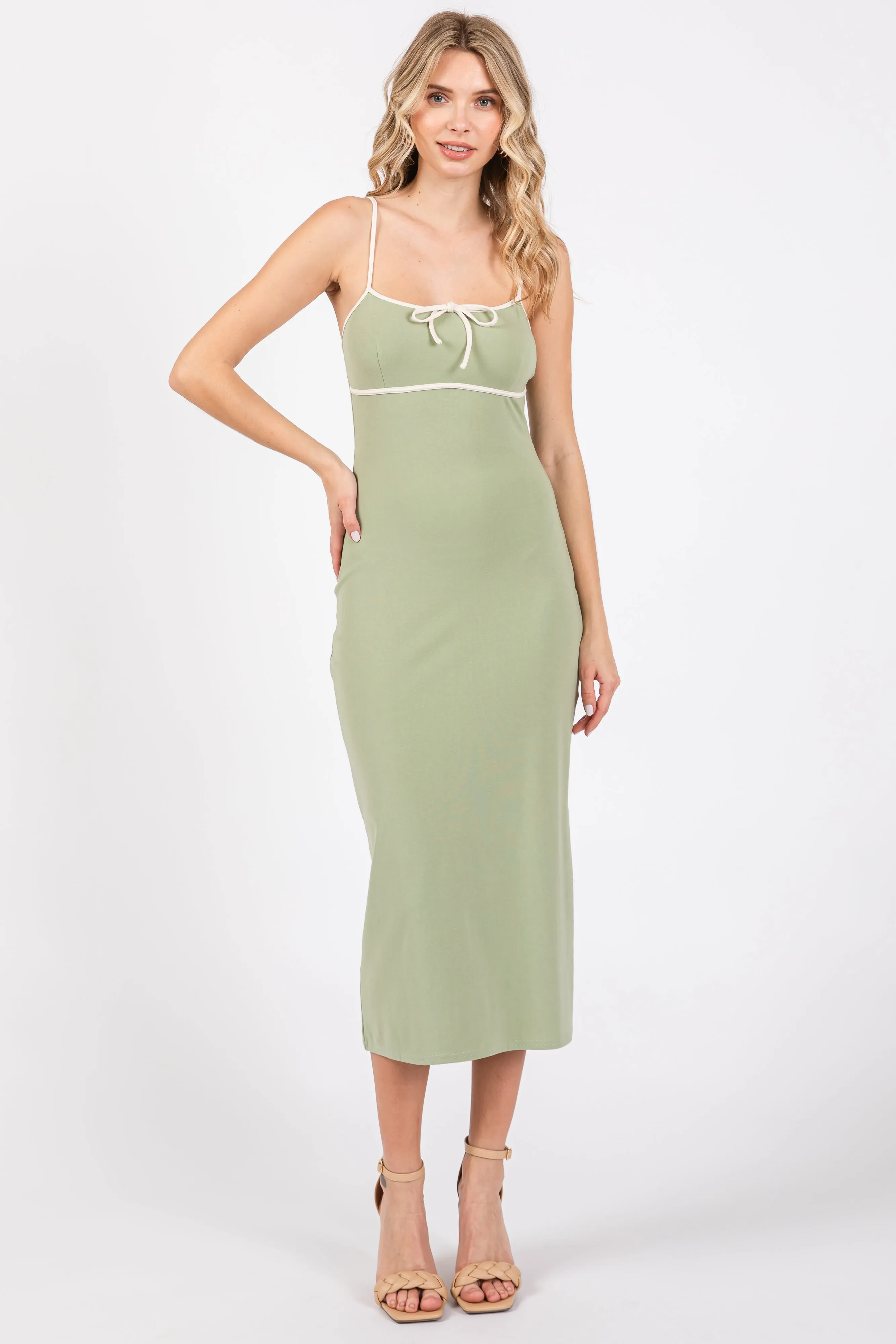 Light Olive Contrast Bow Back Slit Midi Dress sold by Pinkblush