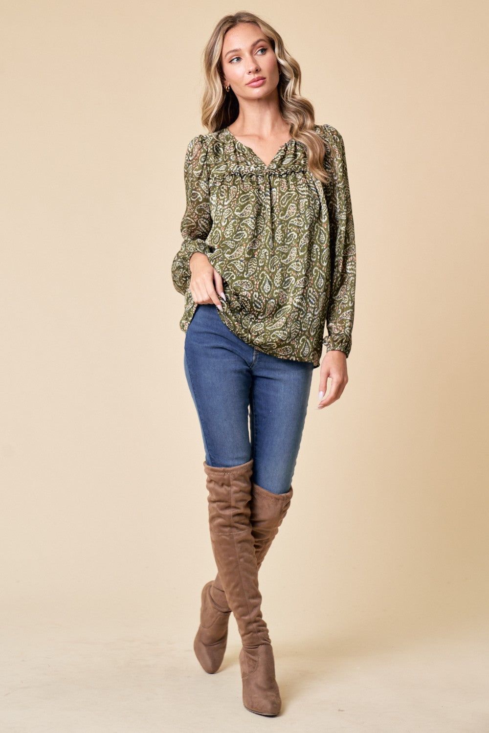 Olive Long Sleeve Paisley Printed Blouse sold by Pinkblush product image thumbnail 5