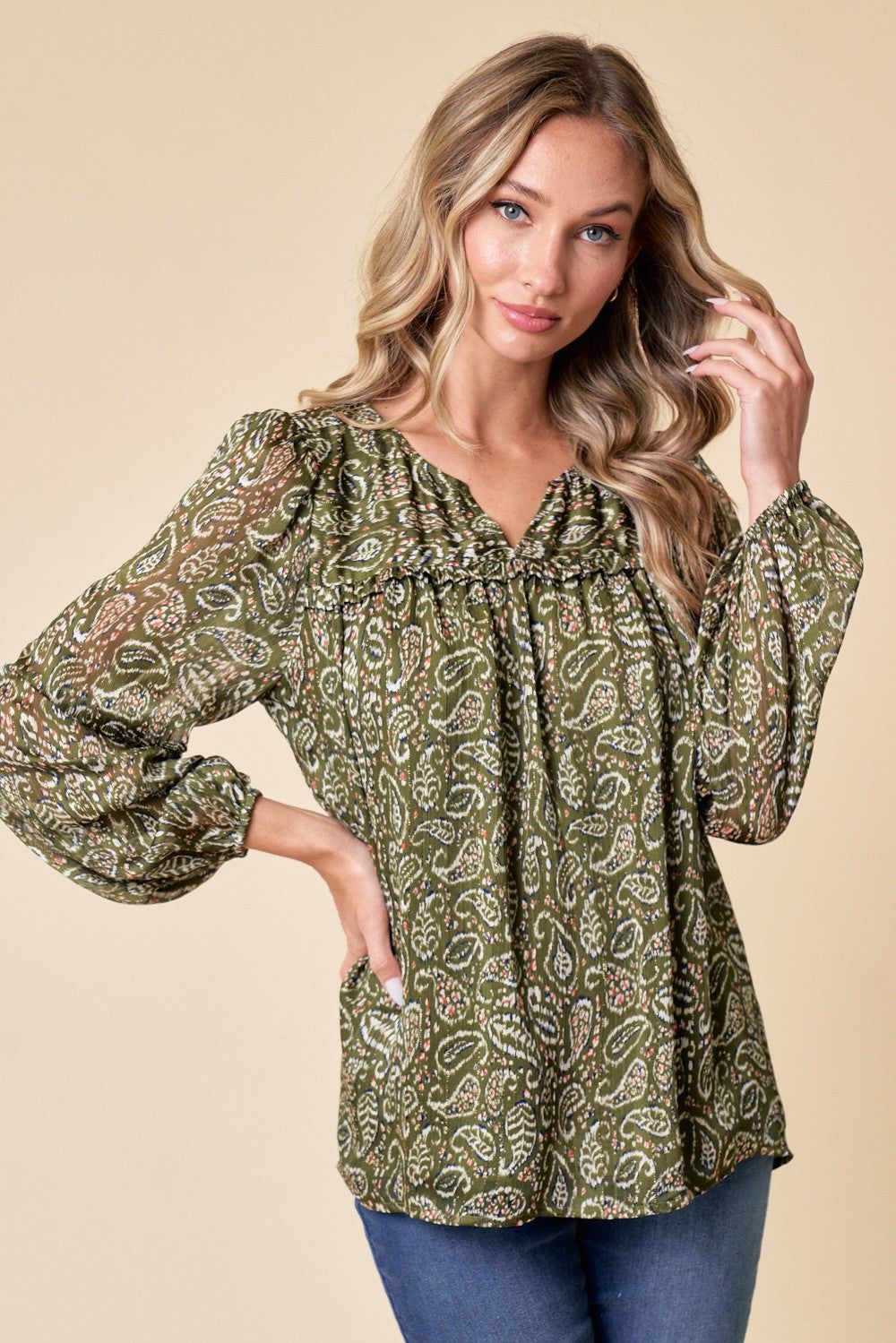 Olive Long Sleeve Paisley Printed Blouse sold by Pinkblush product image thumbnail 2