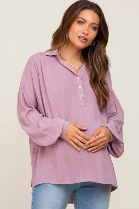 Mauve Lightweight Striped Textured Collared Maternity Top sold by Pinkblush