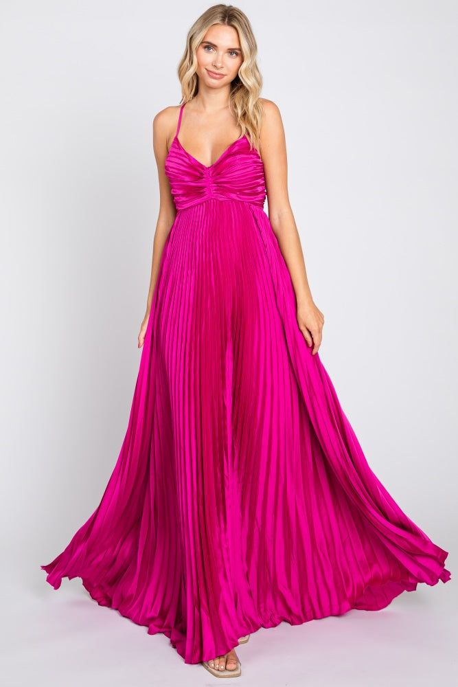 Magenta Satin Pleated Cutout Gown sold by Pinkblush