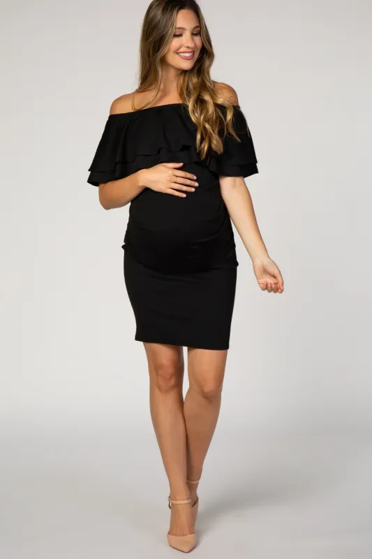 Black Off Shoulder Ruched Maternity Dress sold by Pinkblush
