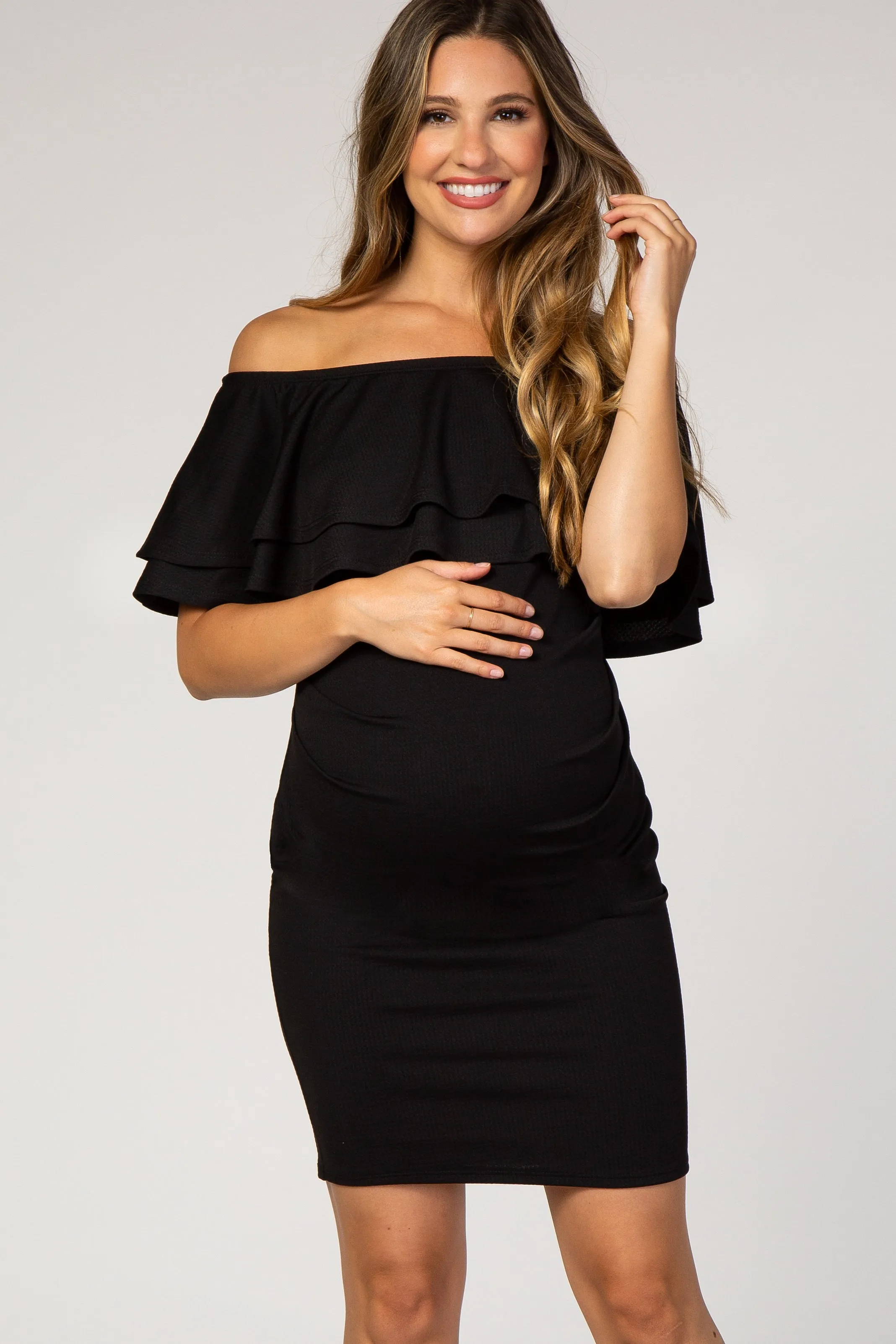 Black Off Shoulder Ruched Maternity Dress sold by Pinkblush product image thumbnail 2