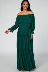 Forest Green Tiered Off Shoulder Maternity Maxi Dress sold by Pinkblush