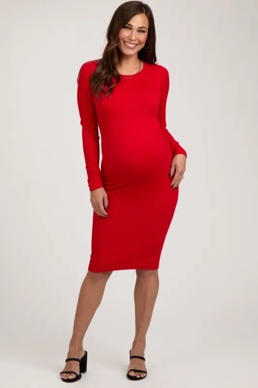 Red Ribbed Maternity Seamless Fitted Dress sold by Pinkblush