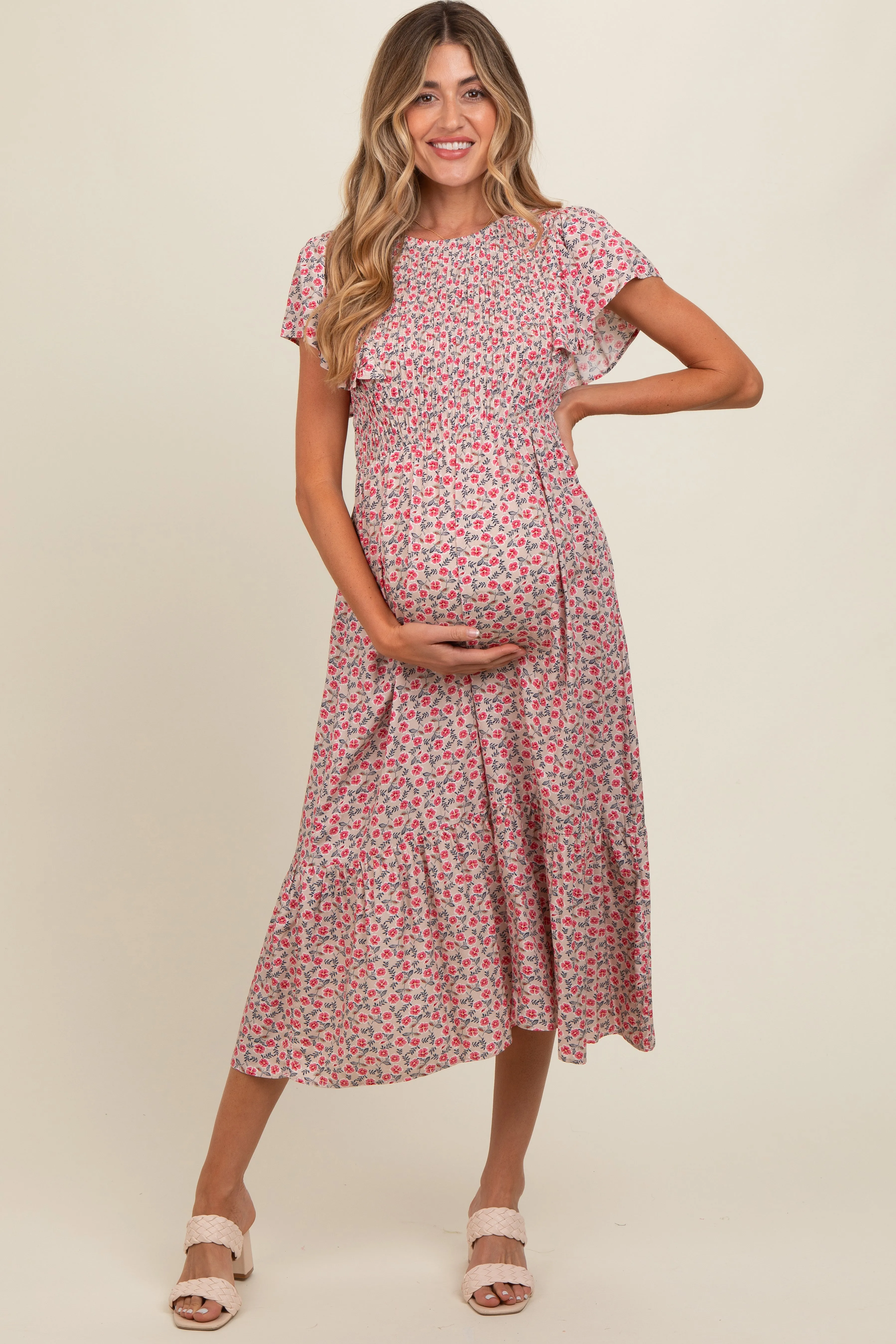 Beige Floral Smocked Maternity Midi Dress sold by Pinkblush