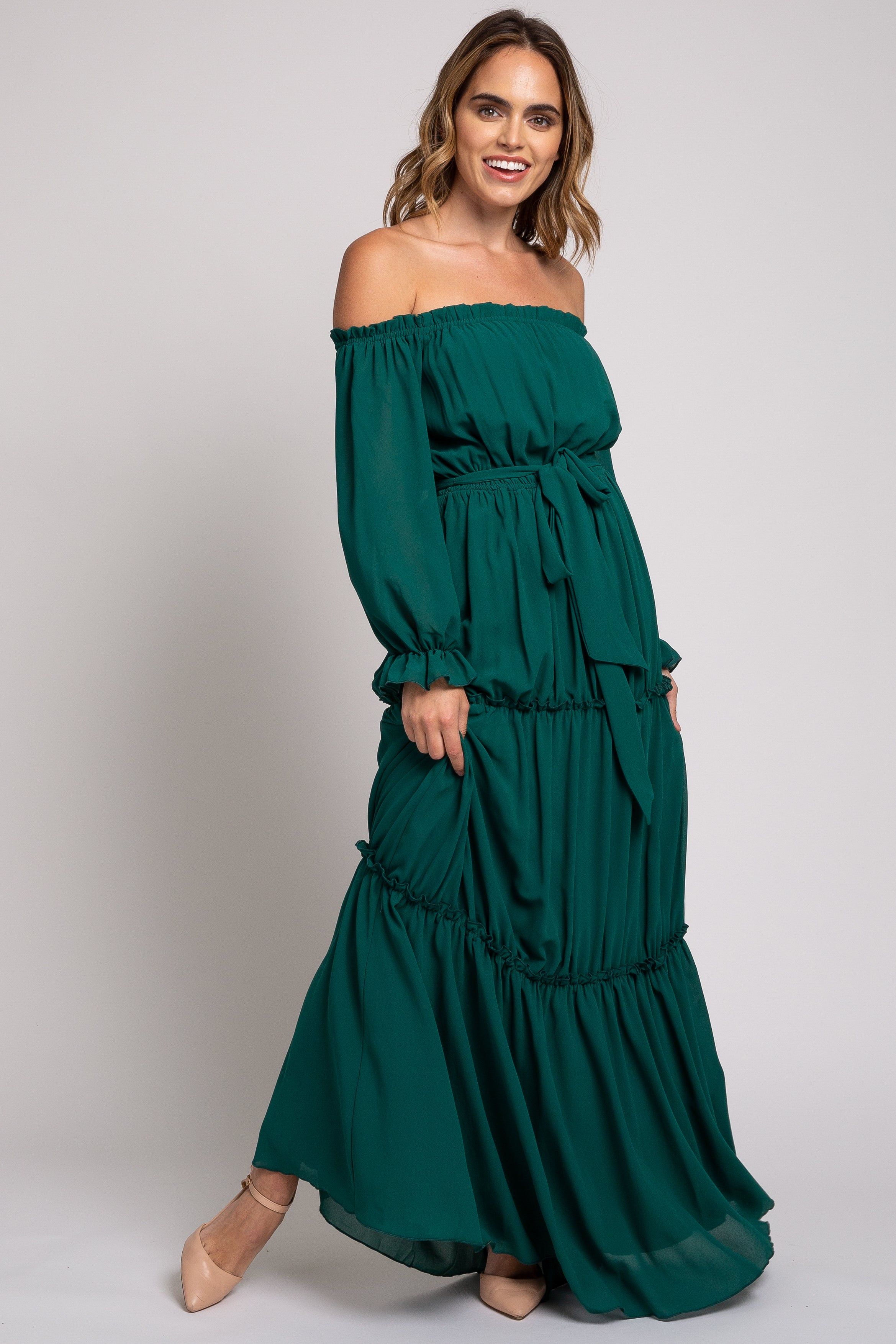 Forest Green Tiered Off Shoulder Maternity Maxi Dress sold by Pinkblush product image thumbnail 5