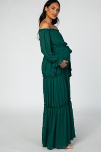 Forest Green Tiered Off Shoulder Maternity Maxi Dress sold by Pinkblush