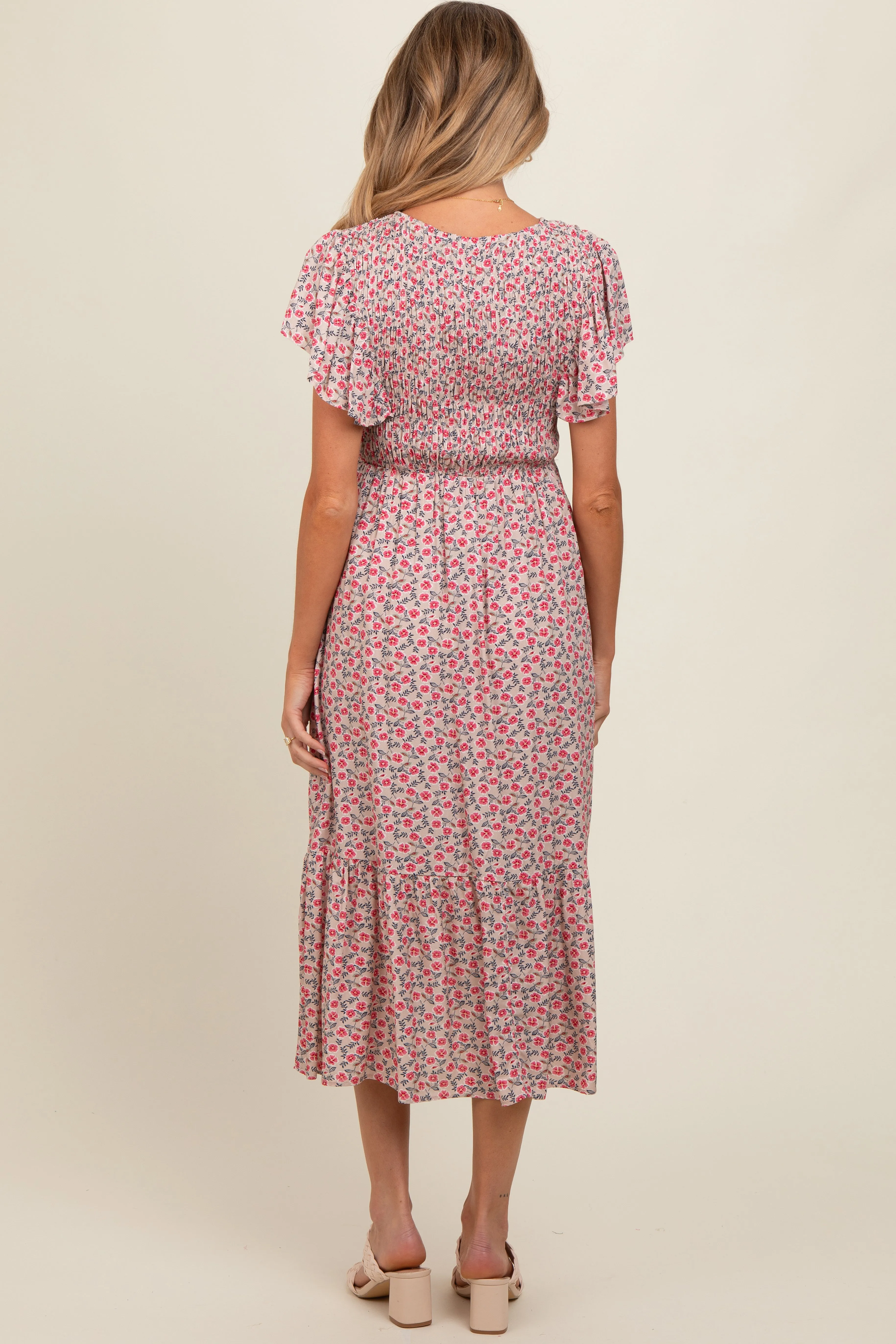 Beige Floral Smocked Maternity Midi Dress sold by Pinkblush product image thumbnail 2