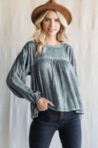 Charcoal Washed Raglan Bubble Sleeves Top sold by Pinkblush