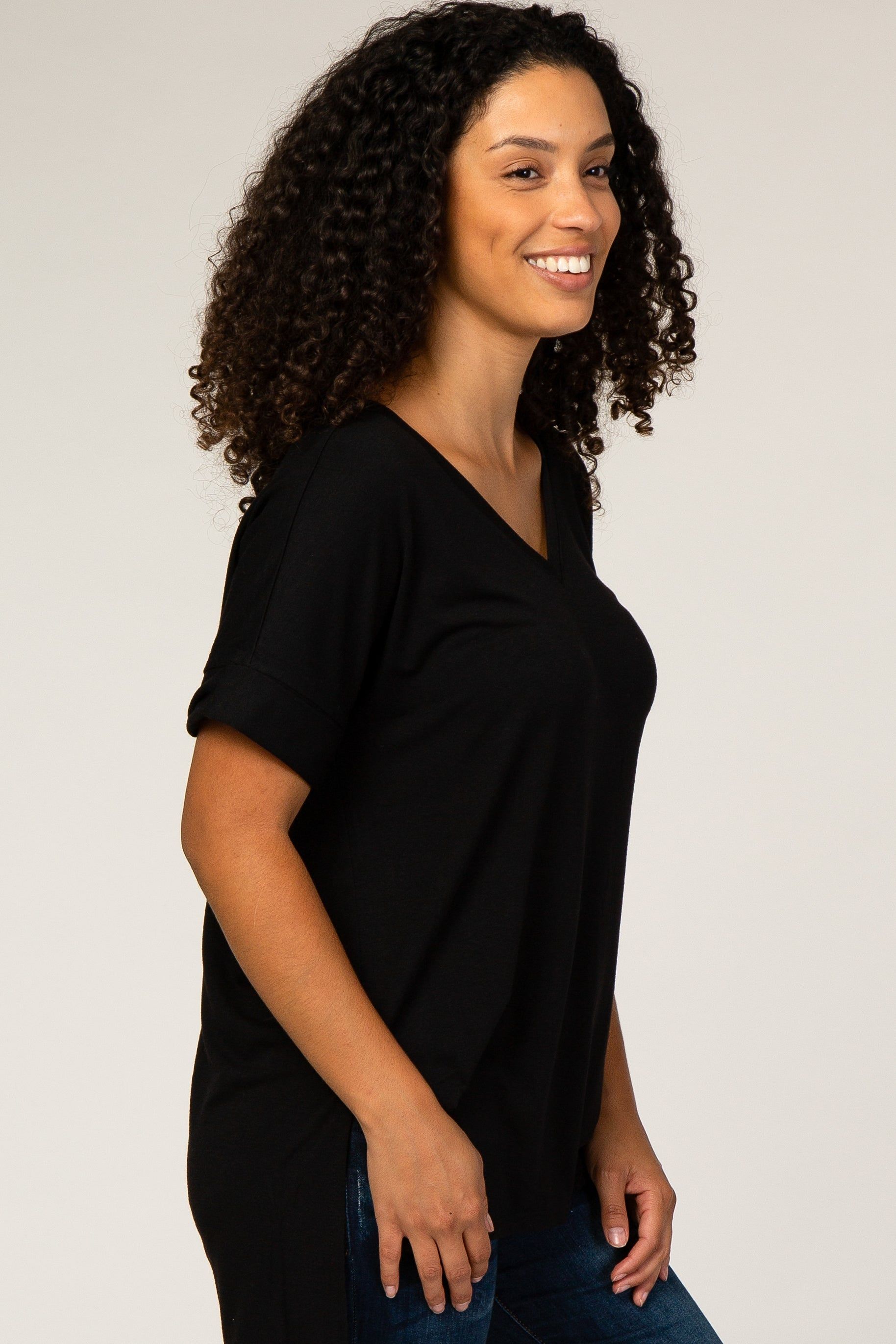 Black V-Neck Cuffed Short Sleeve Top sold by Pinkblush product image thumbnail 2