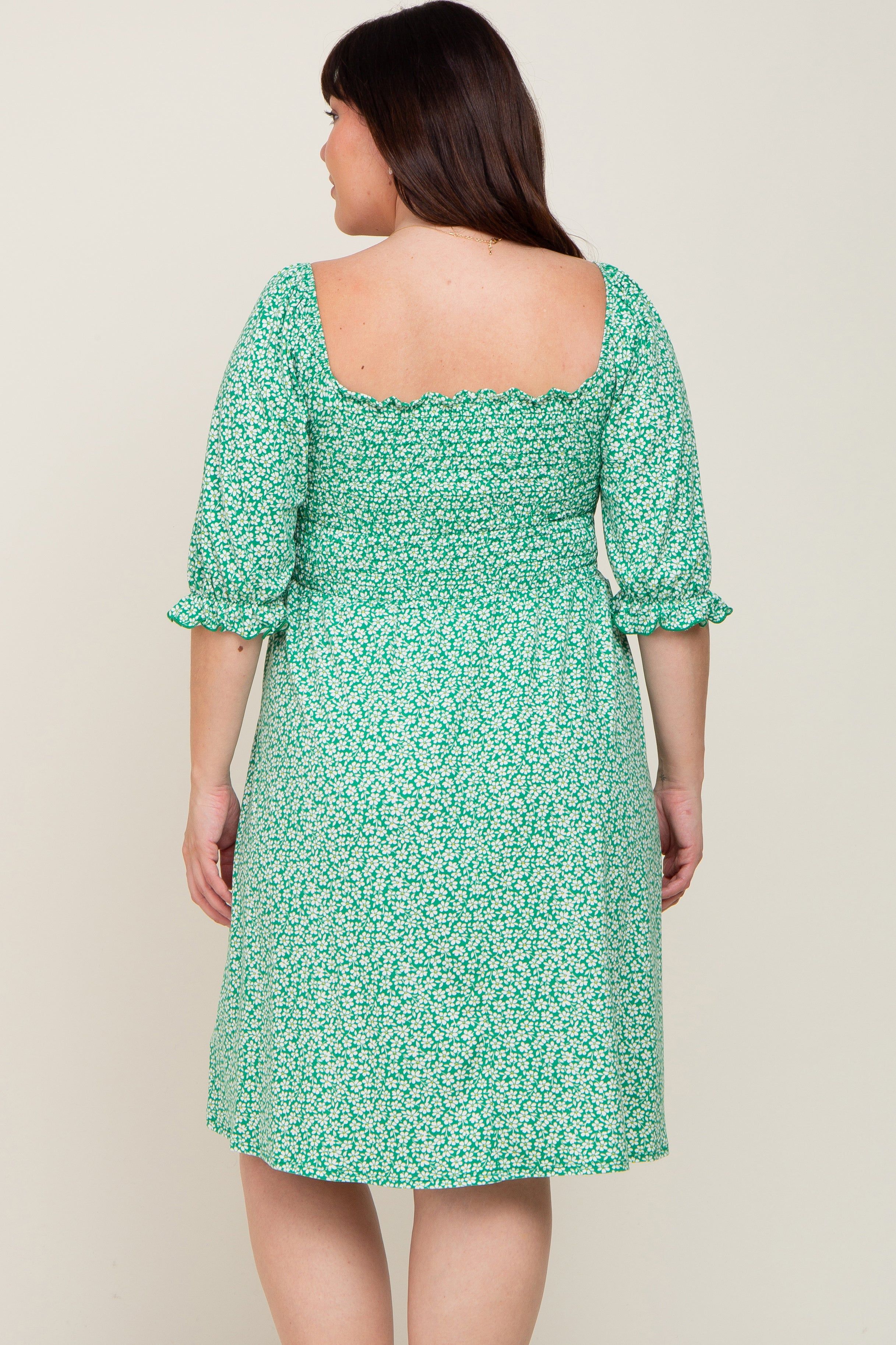 Green Floral Smocked Square Neck Plus Dress sold by Pinkblush product image thumbnail 3