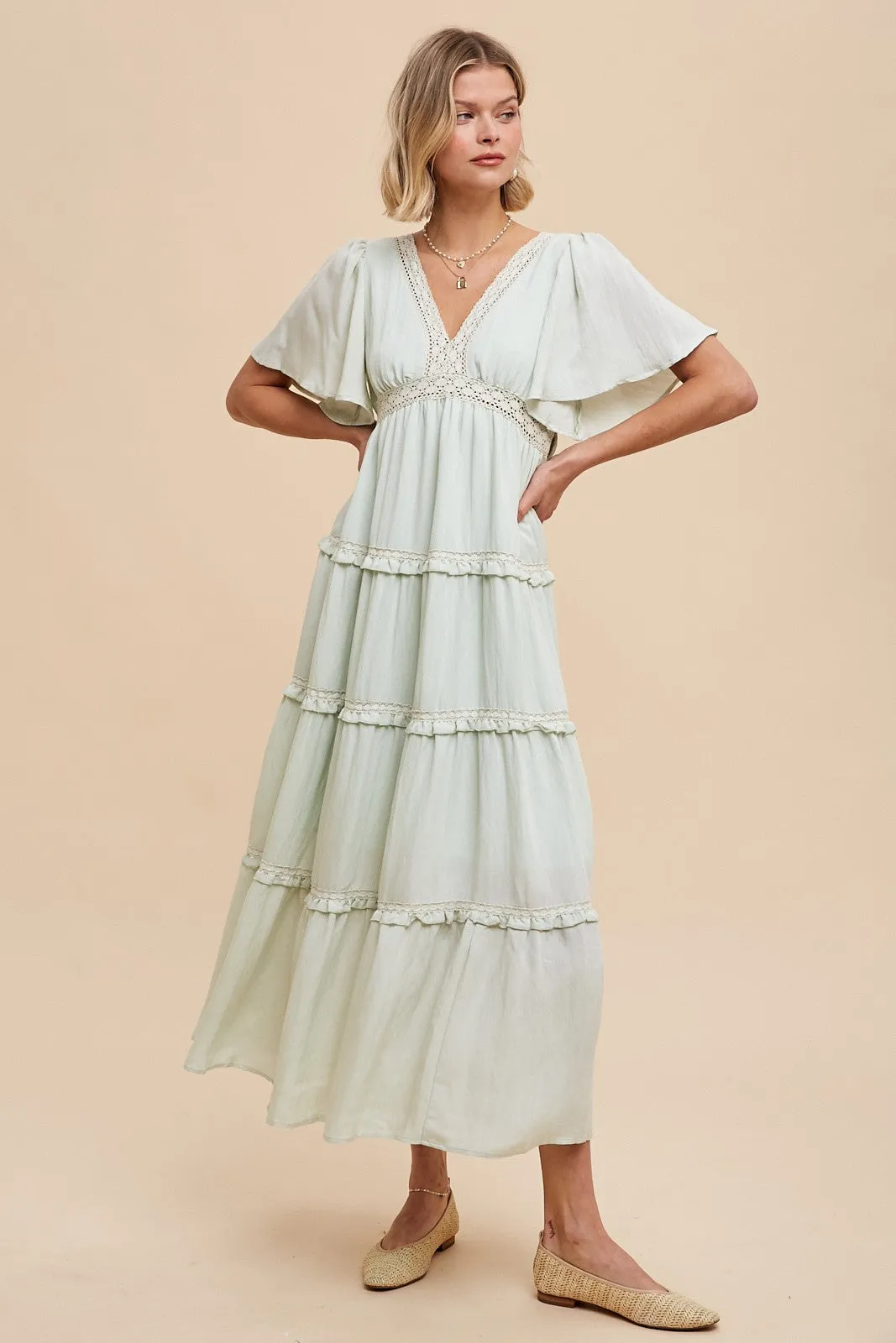 Mint Crochet Lace Tiered Maxi Dress sold by Pinkblush