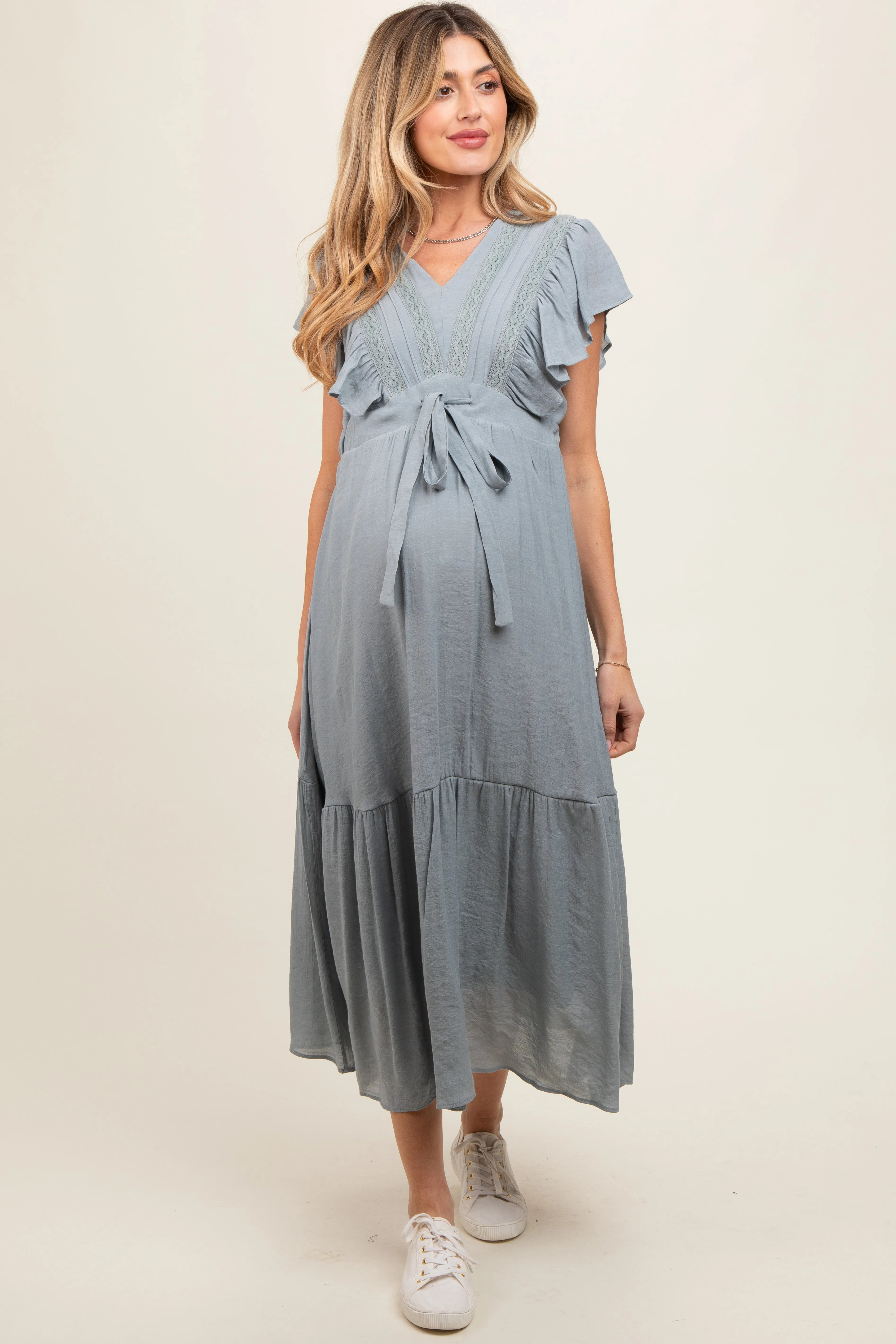 Light Blue Cuffed Sleeve Front Tie Maternity Maxi Dress sold by Pinkblush