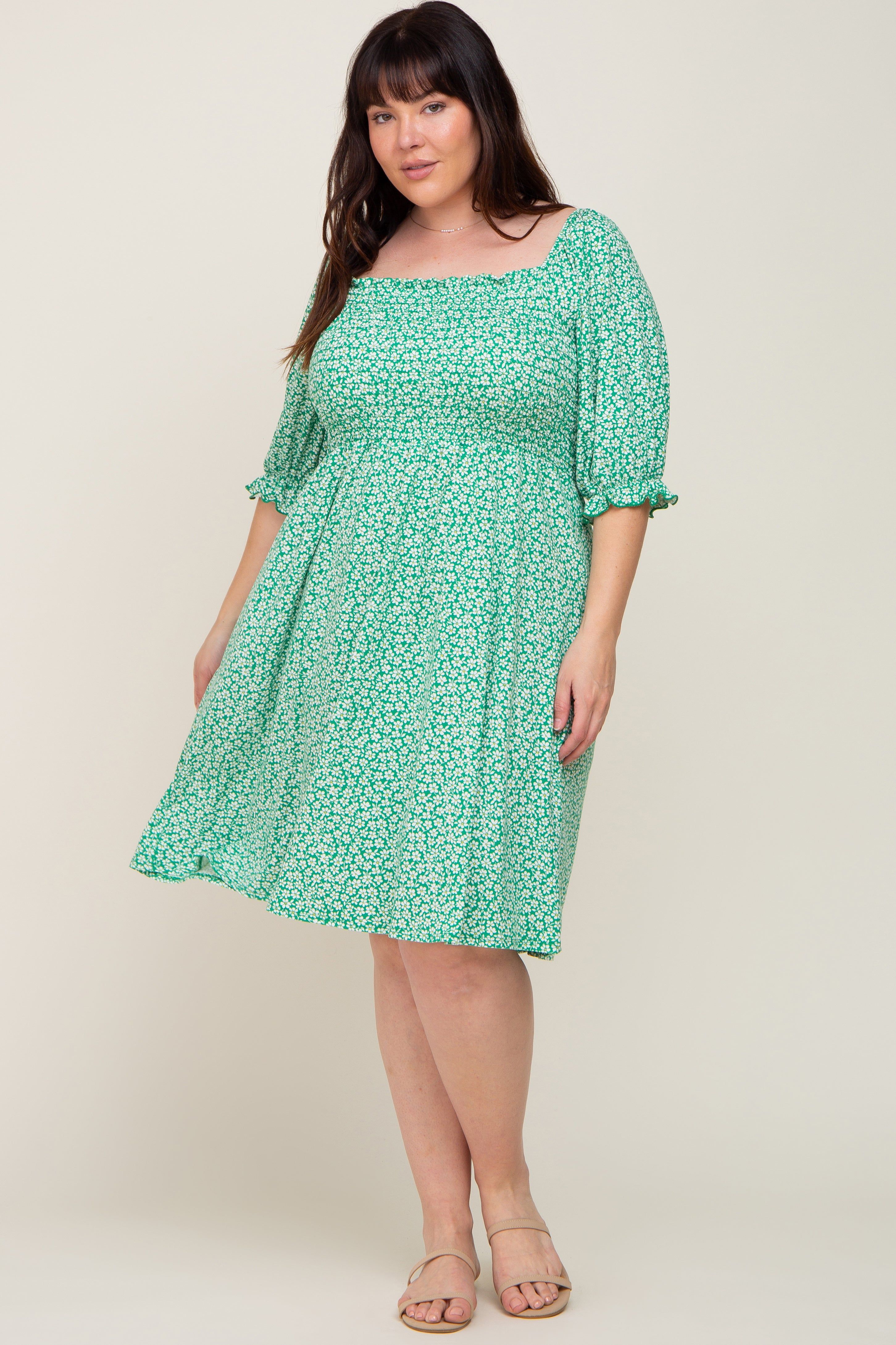 Green Floral Smocked Square Neck Plus Dress sold by Pinkblush product image thumbnail 4