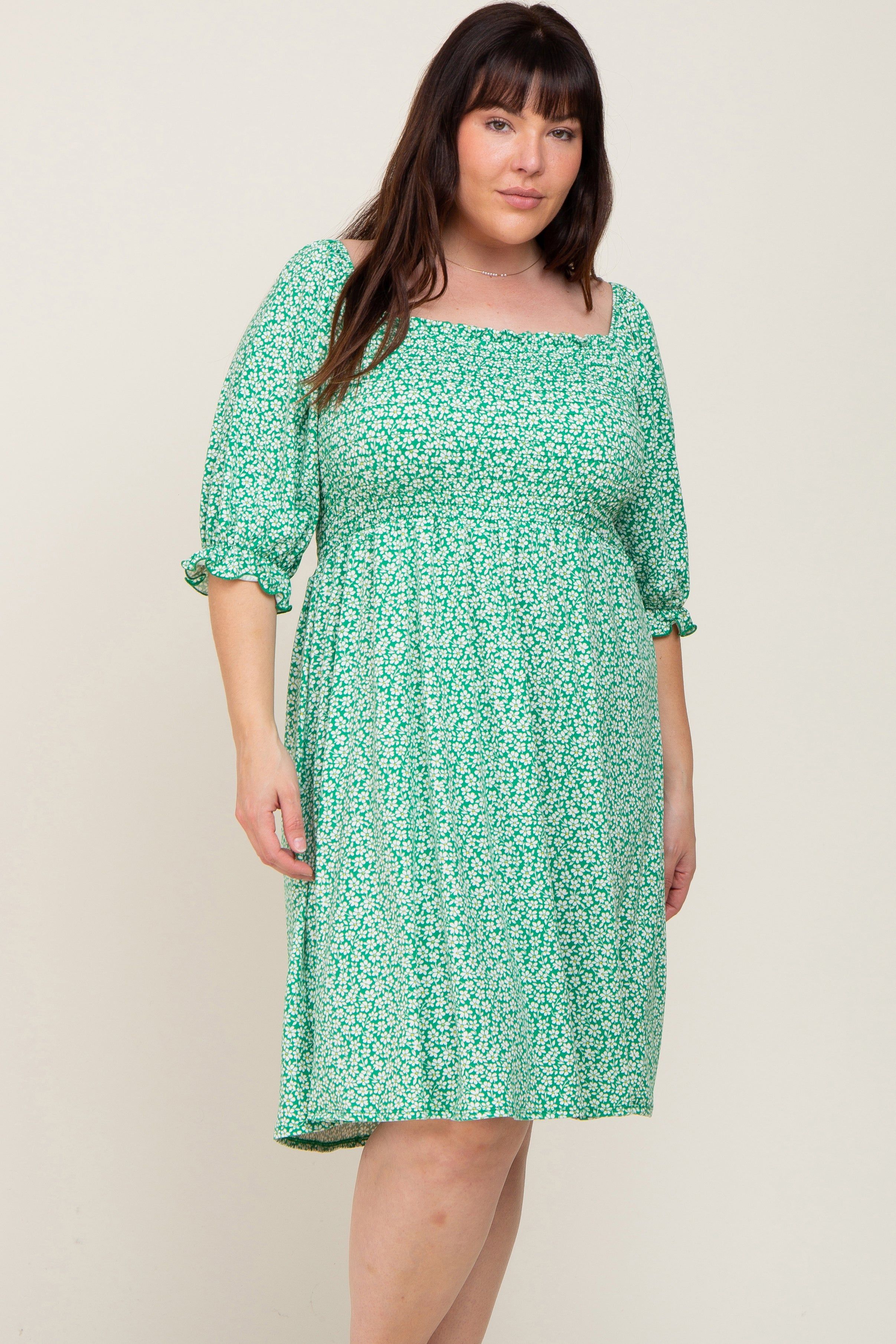 Green Floral Smocked Square Neck Plus Dress sold by Pinkblush