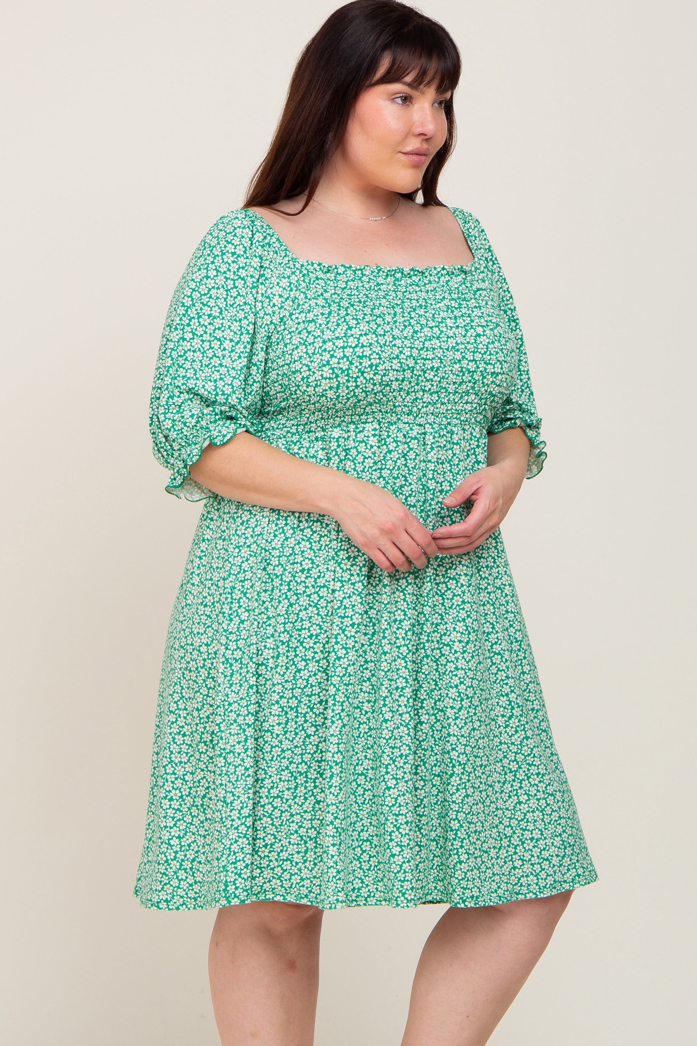 Green Floral Smocked Square Neck Plus Dress sold by Pinkblush product image thumbnail 2