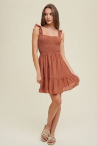 Brick Smocked Mini Dress With Ruffle Straps sold by Pinkblush