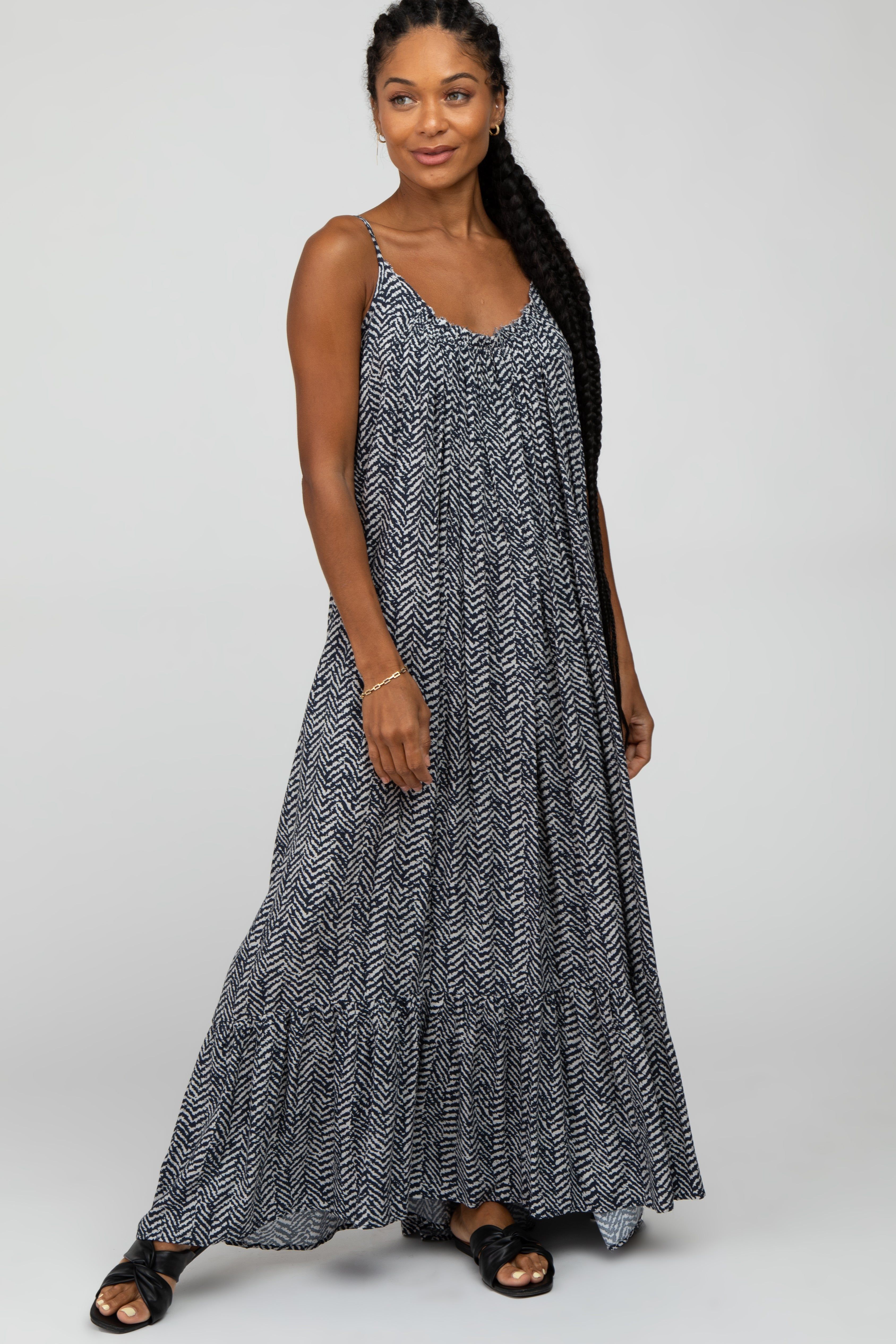 Black Chevron Striped Ruffle Hem Maxi Dress sold by Pinkblush