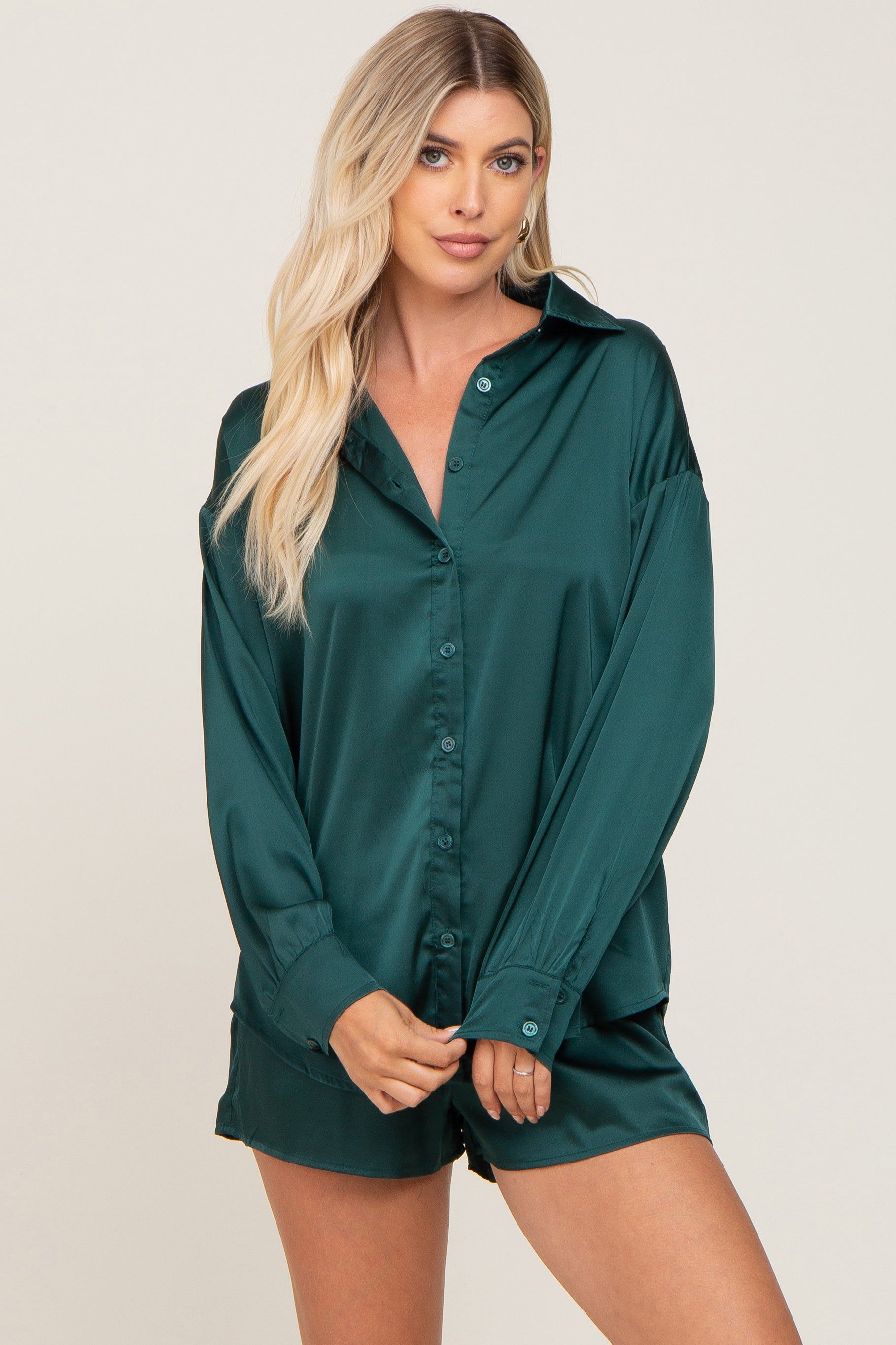 Forest Green Button Up and Short Satin Maternity Set sold by Pinkblush product image thumbnail 5