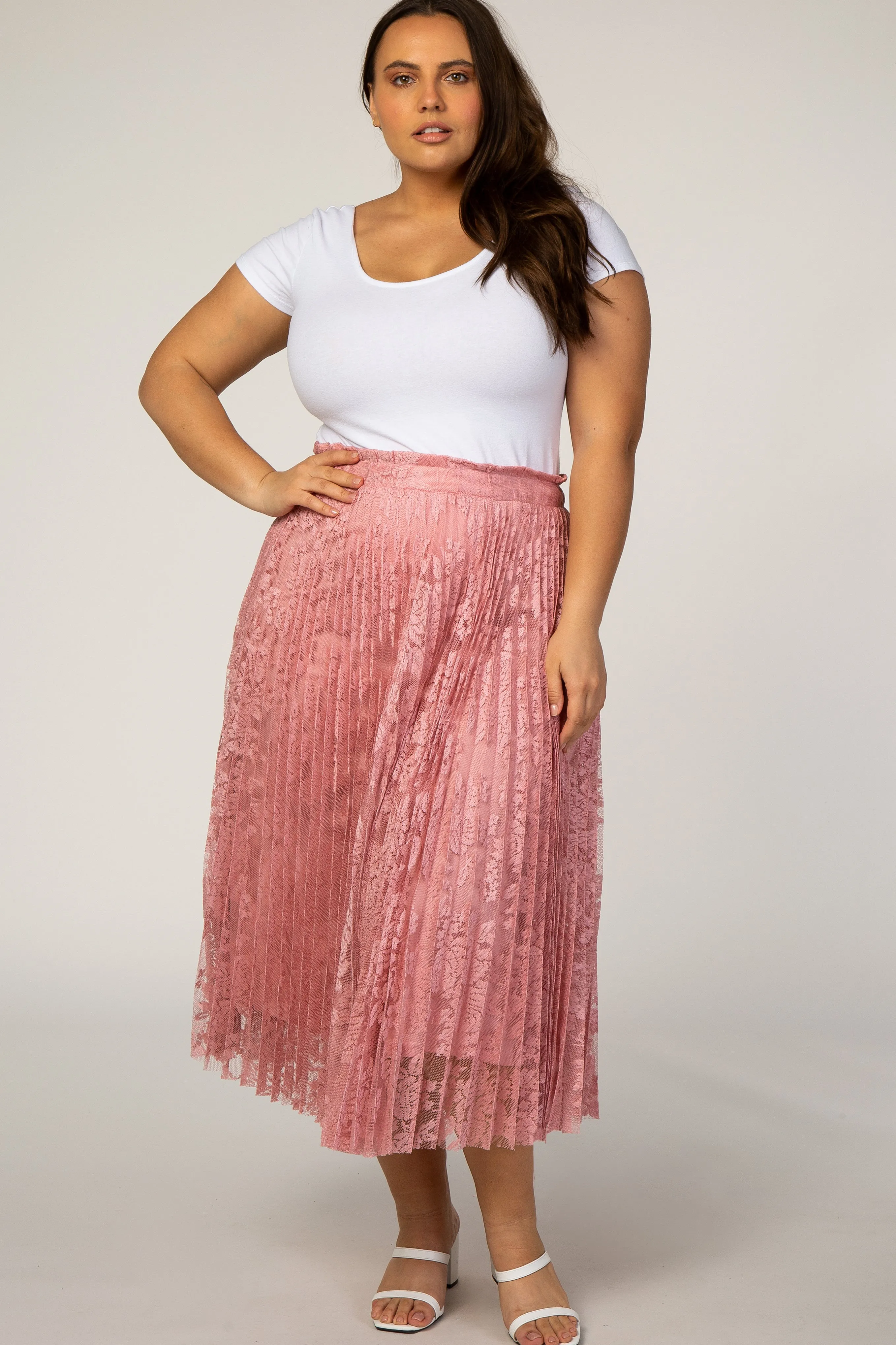 Pink Lace Plus Midi Skirt sold by Pinkblush