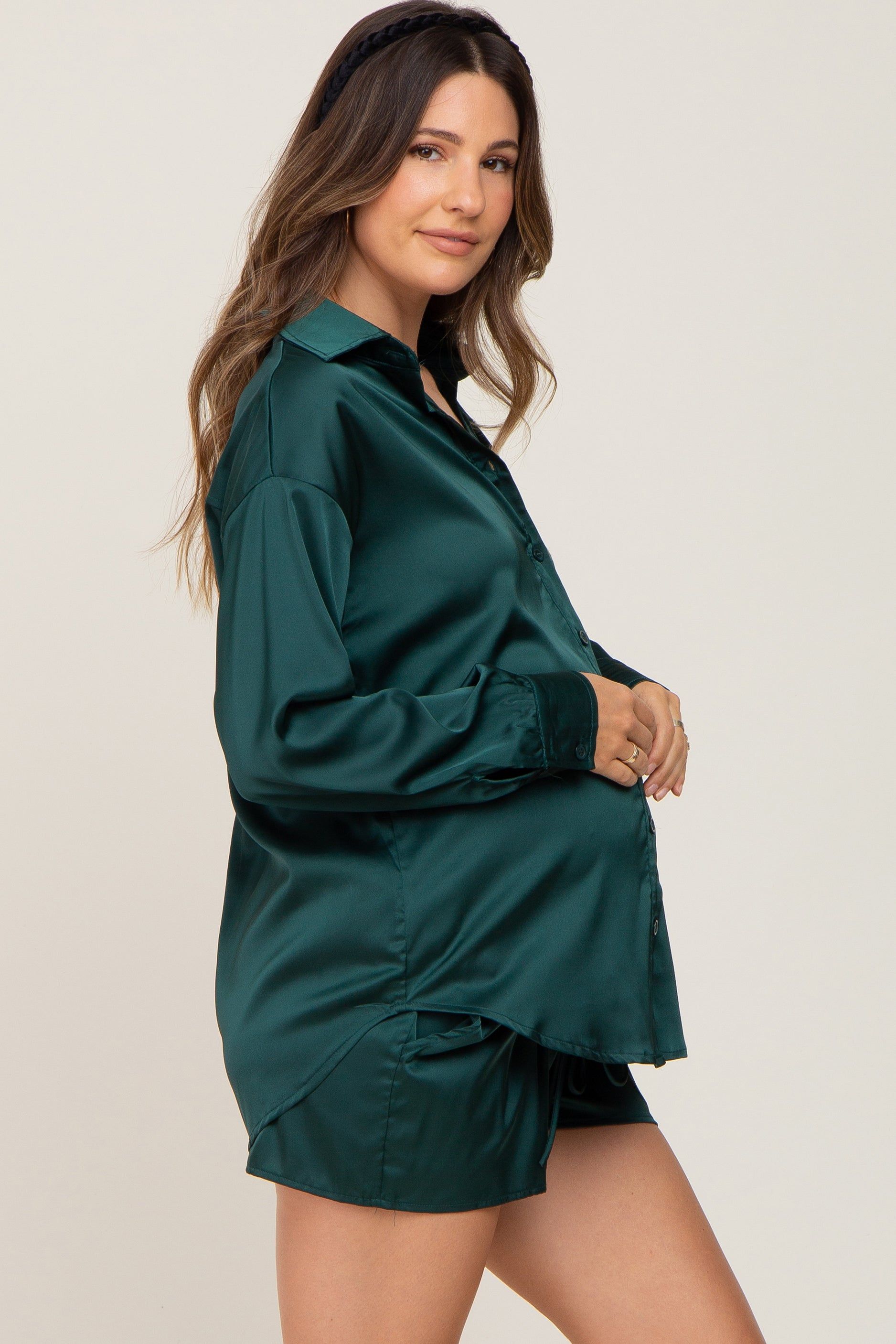 Forest Green Button Up and Short Satin Maternity Set sold by Pinkblush product image thumbnail 2