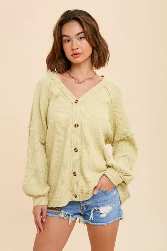 Lime Waffle Knit Button Long Sleeve Top sold by Pinkblush