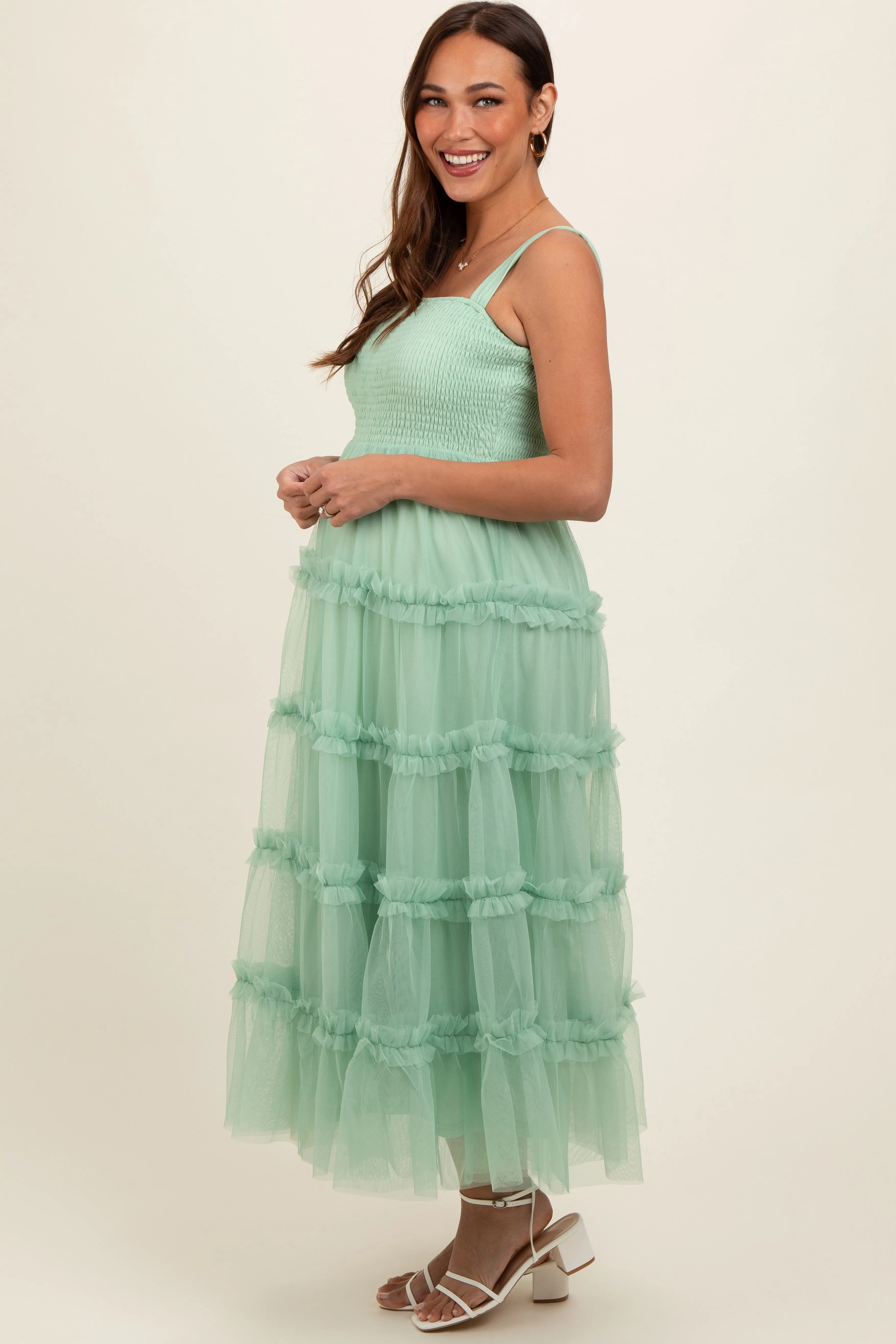 Mint Green Smocked Ruffle Tiered Tulle Maternity Midi Dress sold by Pinkblush product image thumbnail 2