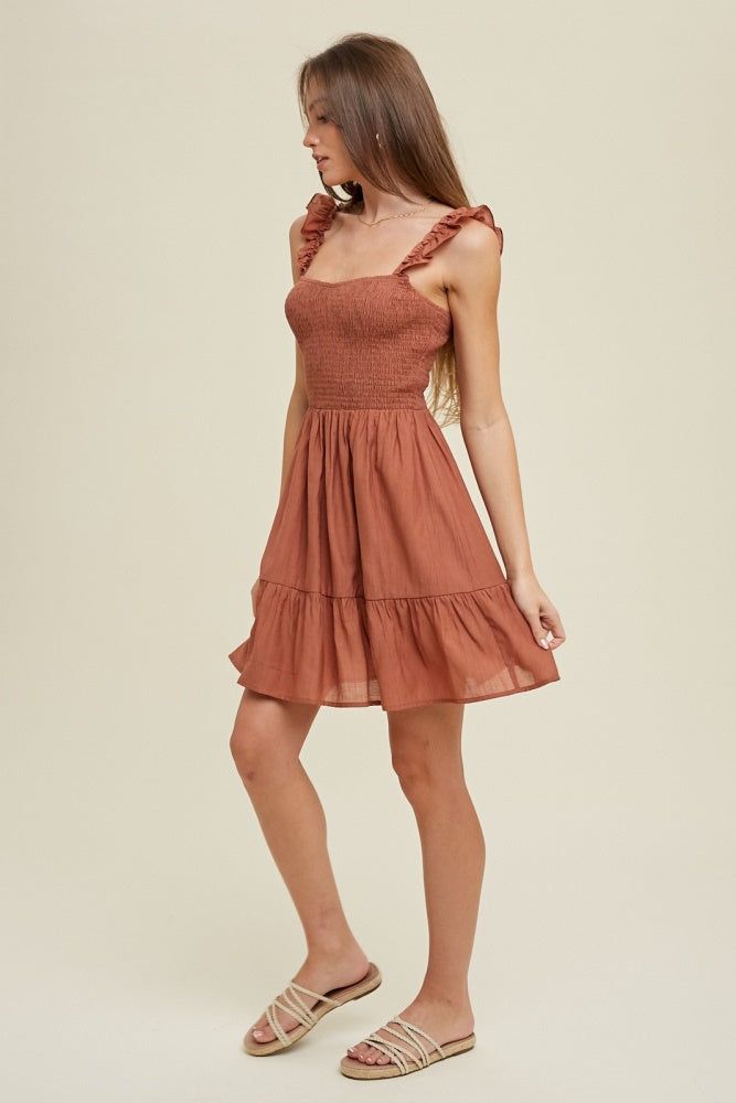 Brick Smocked Mini Dress With Ruffle Straps sold by Pinkblush product image thumbnail 3