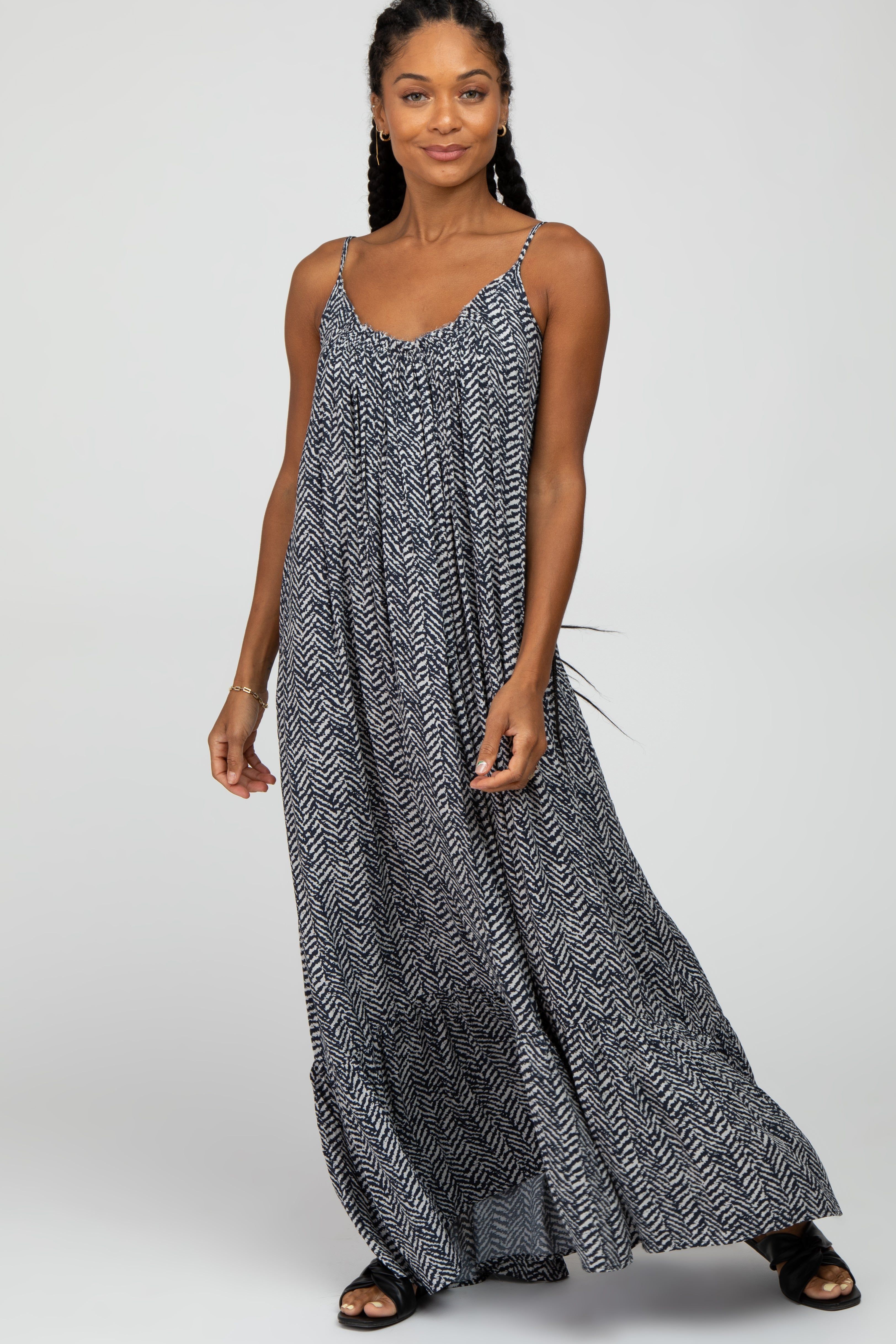 Black Chevron Striped Ruffle Hem Maxi Dress sold by Pinkblush product image thumbnail 2