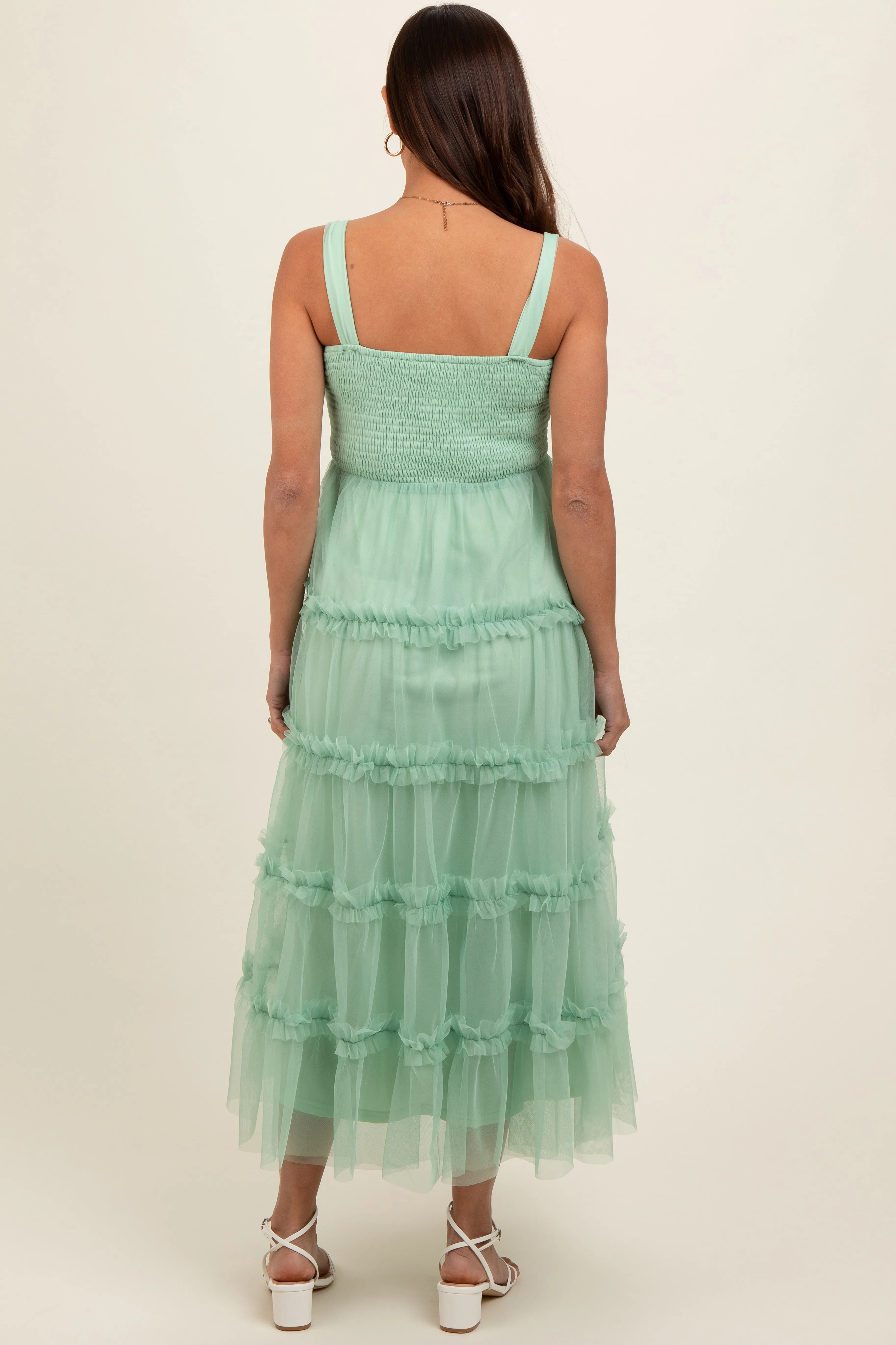 Mint Green Smocked Ruffle Tiered Tulle Maternity Midi Dress sold by Pinkblush product image thumbnail 3