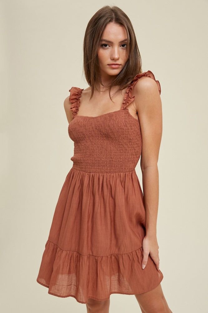 Brick Smocked Mini Dress With Ruffle Straps sold by Pinkblush