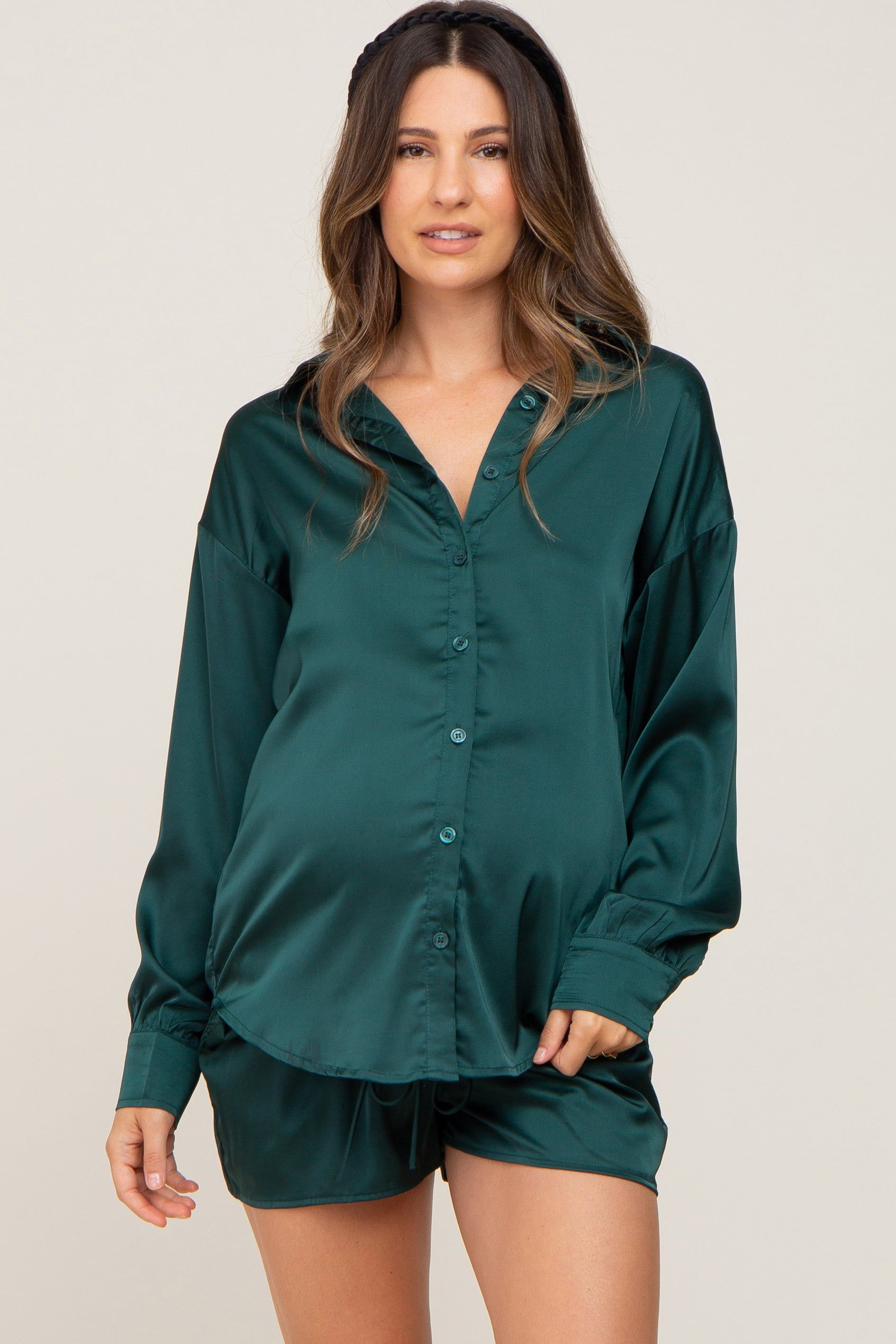 Forest Green Button Up and Short Satin Maternity Set sold by Pinkblush