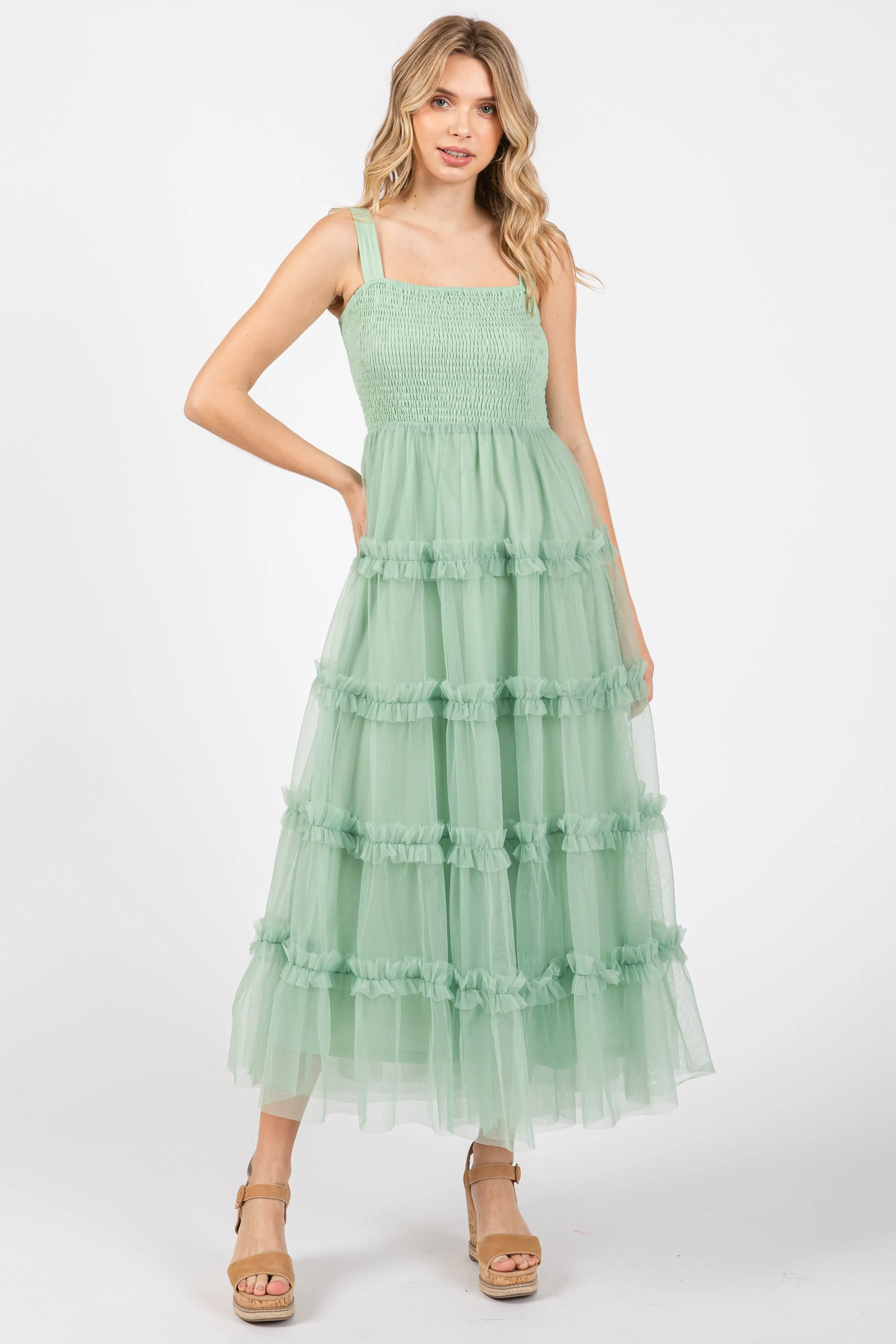 Mint Green Smocked Ruffle Tiered Tulle Maternity Midi Dress sold by Pinkblush product image thumbnail 4
