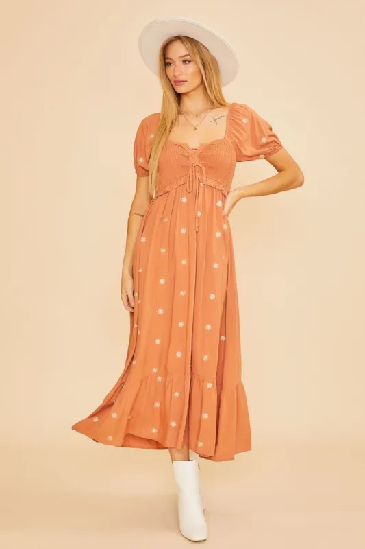 Rust Floral Embroidered Smocked Maxi Dress sold by Pinkblush