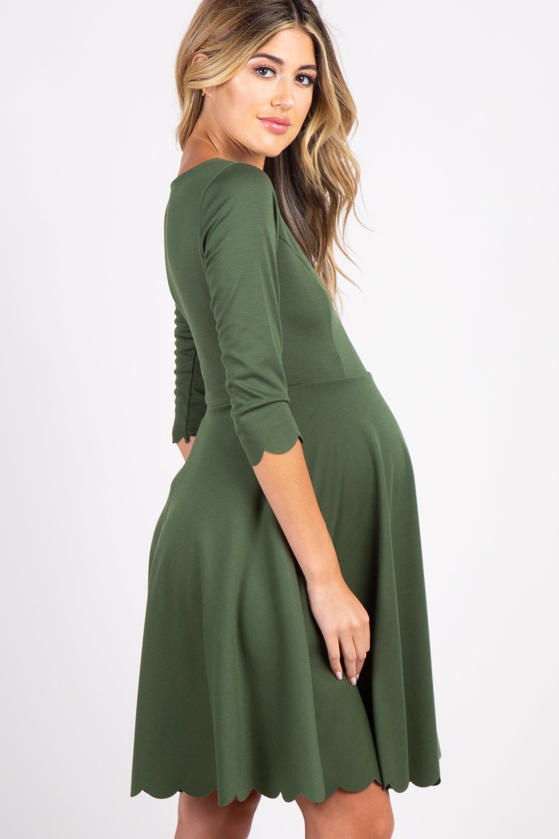Olive Solid Scalloped Hem Maternity Dress sold by Pinkblush product image thumbnail 2